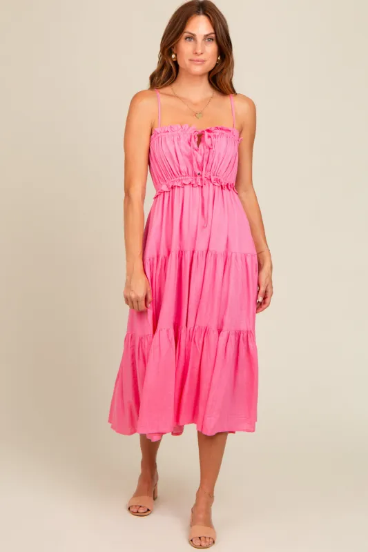 Fuchsia Front Tie Cutout Tiered Midi Dress sold by Pinkblush