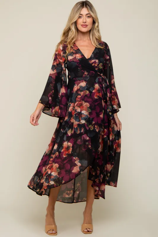 Burgundy Floral Chiffon Wrap Front Hi-Low Maternity Dress sold by Pinkblush
