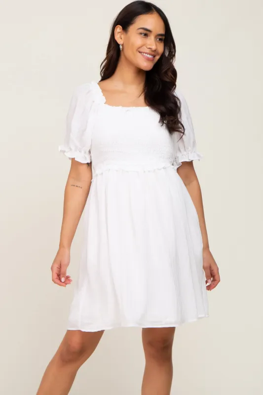 White Smocked Puff Sleeve Maternity Dress sold by Pinkblush