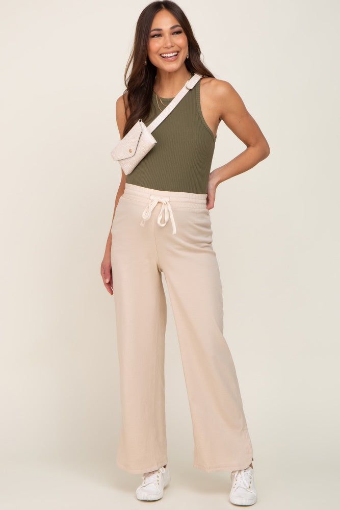 Beige Stretch Drawstring Wide Leg Maternity Pants sold by Pinkblush product image thumbnail 5