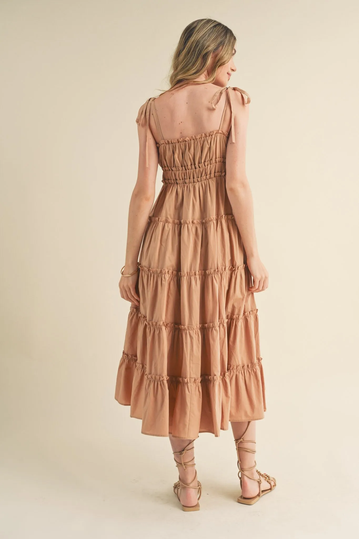 Camel Tiered Tie Strap Midi Dress sold by Pinkblush product image thumbnail 3