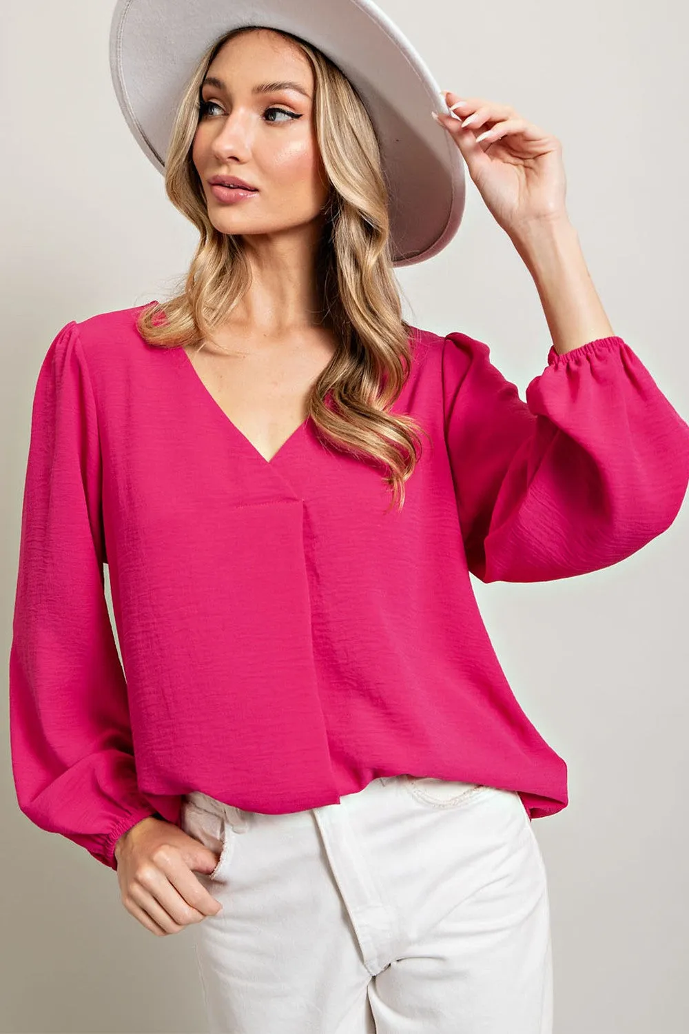 Fuchsia Long Puff Sleeve Blouse Top sold by Pinkblush