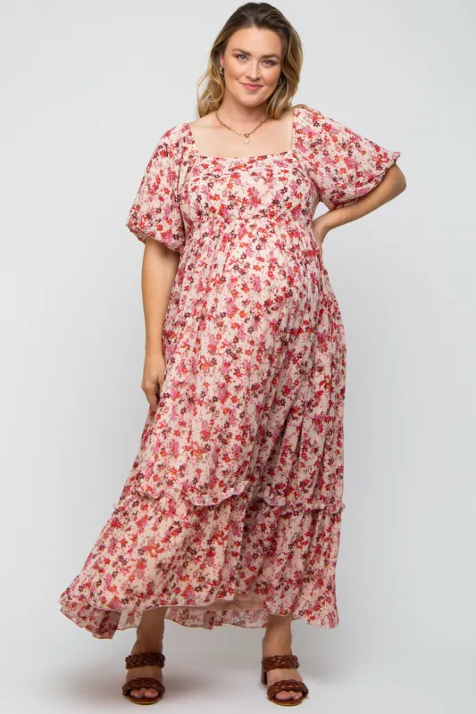 Pink Floral Puff Sleeve Maternity Plus Maxi Dress sold by Pinkblush