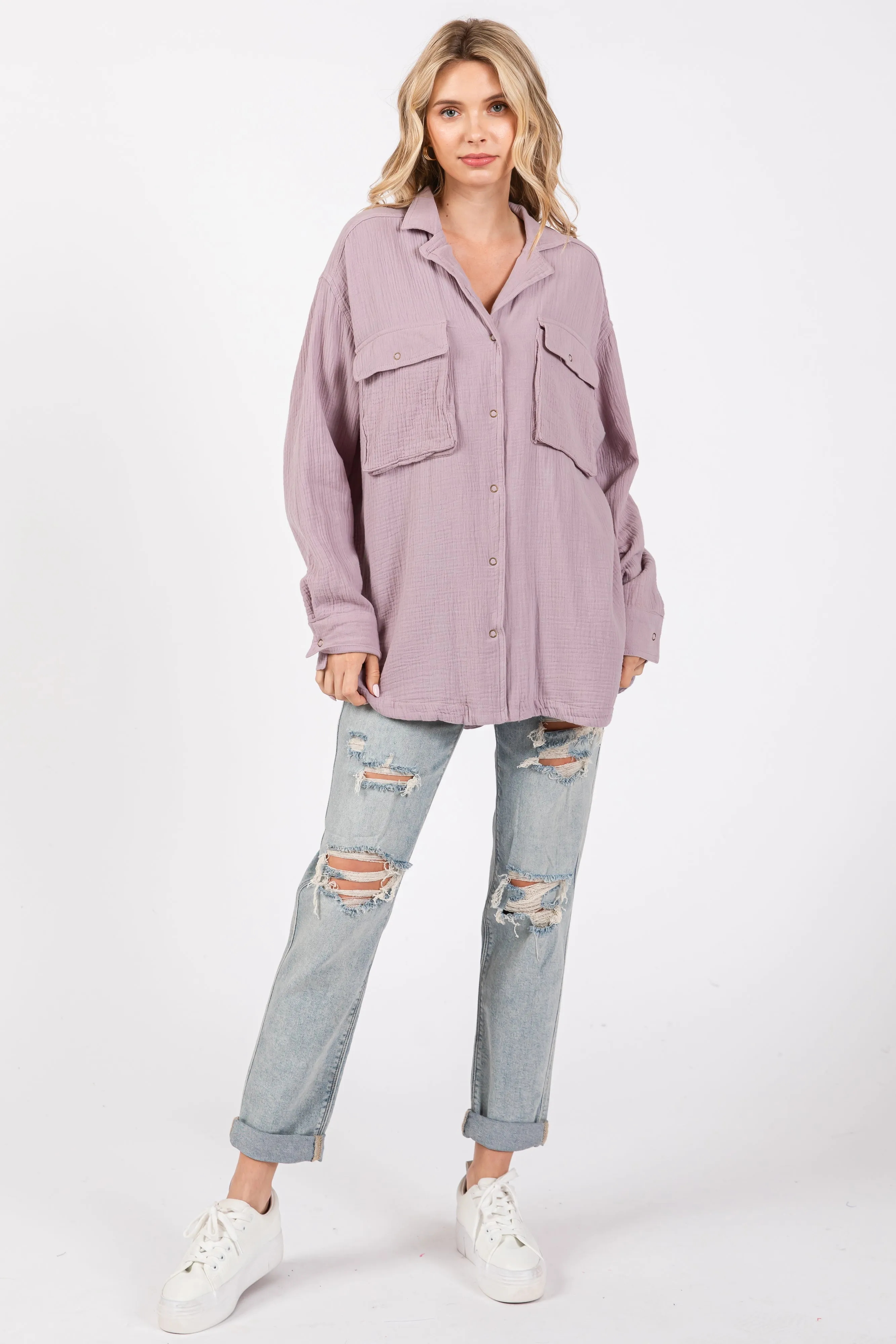Lavender Cottom Gauze Button Down Shirt sold by Pinkblush product image thumbnail 4
