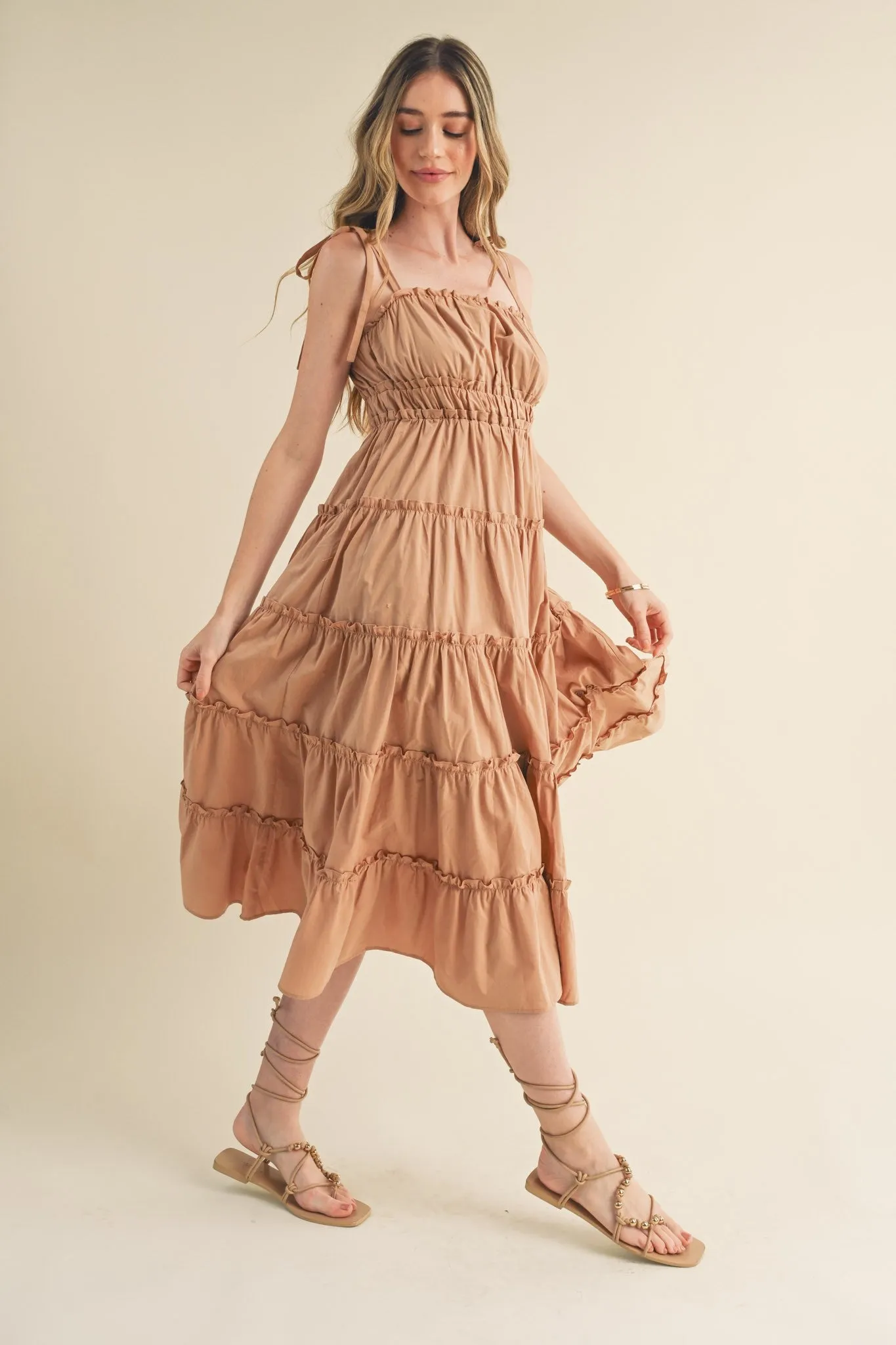 Camel Tiered Tie Strap Midi Dress sold by Pinkblush product image thumbnail 2