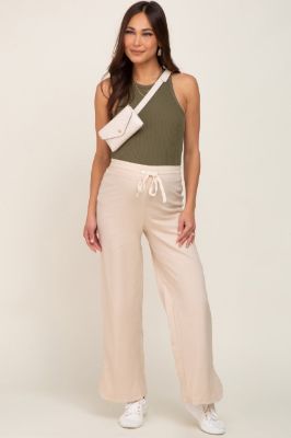 Beige Stretch Drawstring Wide Leg Maternity Pants sold by Pinkblush
