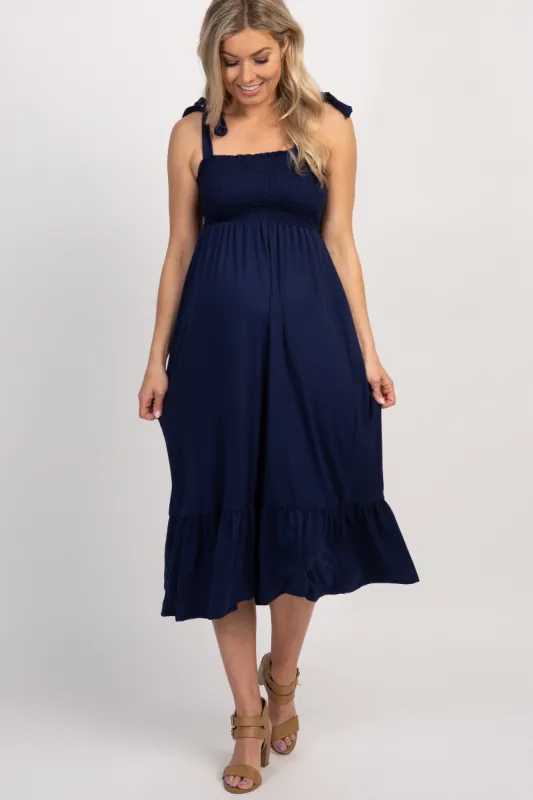 Navy Solid Self-Tie Smocked Maternity Midi Dress sold by Pinkblush