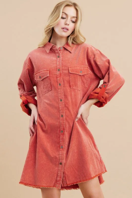 Rust Corduroy Button Front Fringe Hem Dress sold by Pinkblush