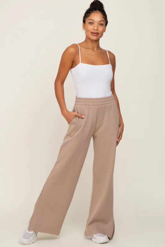Taupe Soft Wide Leg Side Slit Sweatpants sold by Pinkblush