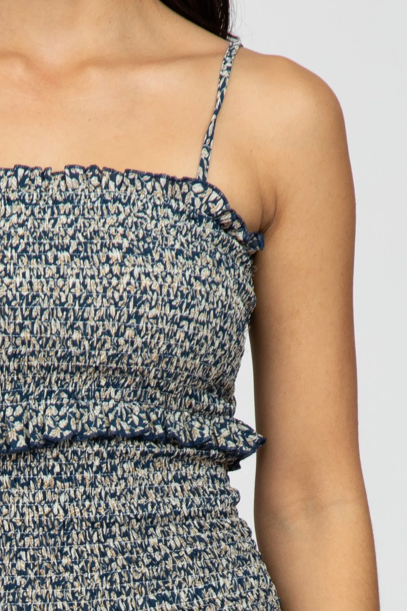 Navy Leaf Print Smocked Fitted Midi Dress sold by Pinkblush product image thumbnail 4