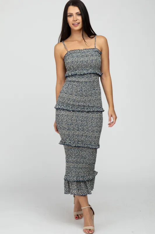 Navy Leaf Print Smocked Fitted Midi Dress sold by Pinkblush
