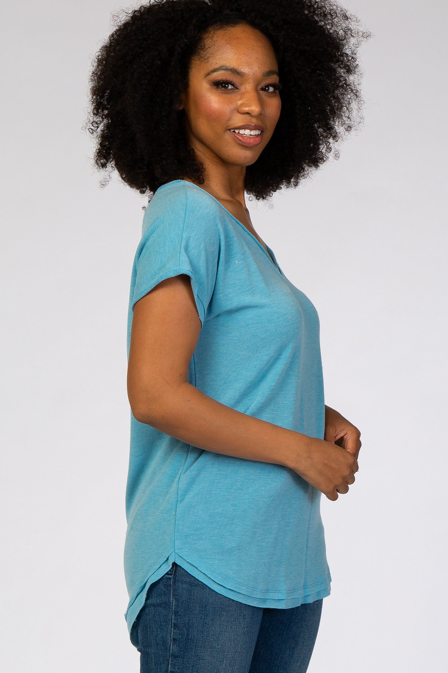 Blue V-Neck Raw Hem Short Sleeve Top sold by Pinkblush product image thumbnail 3