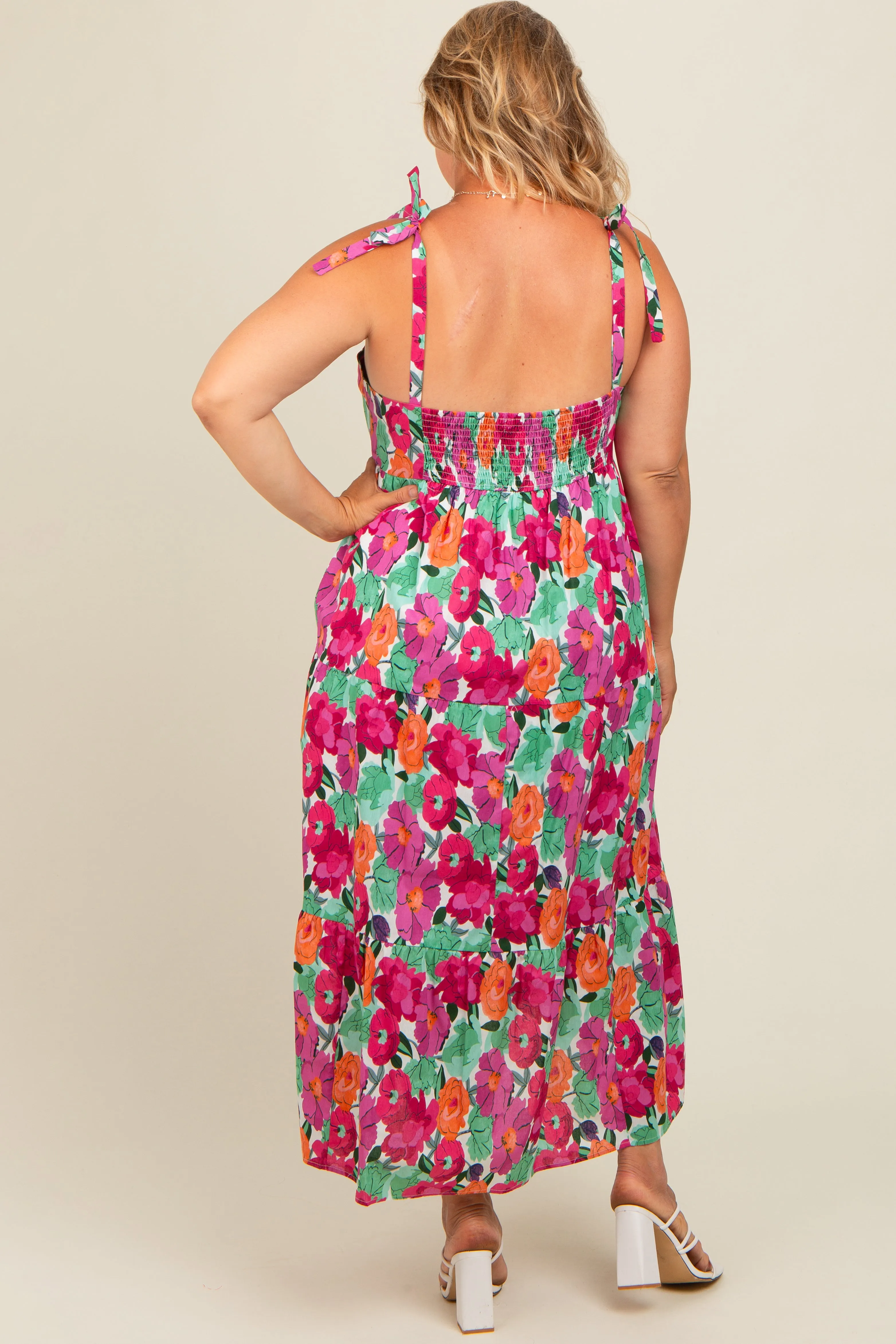 Multi-Color Floral Shoulder Tie Tiered Maternity Plus Midi Dress sold by Pinkblush product image thumbnail 3