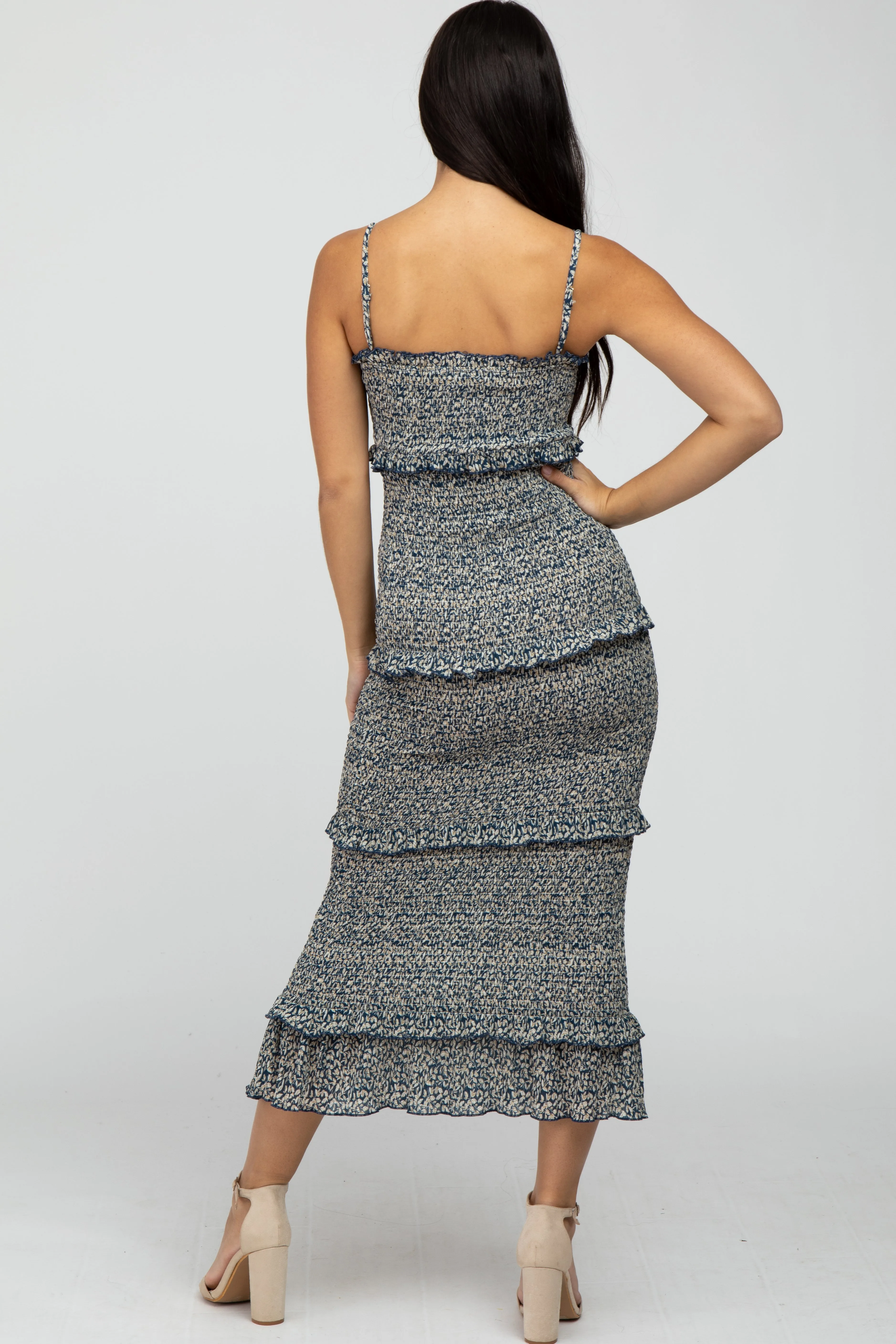 Navy Leaf Print Smocked Fitted Midi Dress sold by Pinkblush product image thumbnail 3