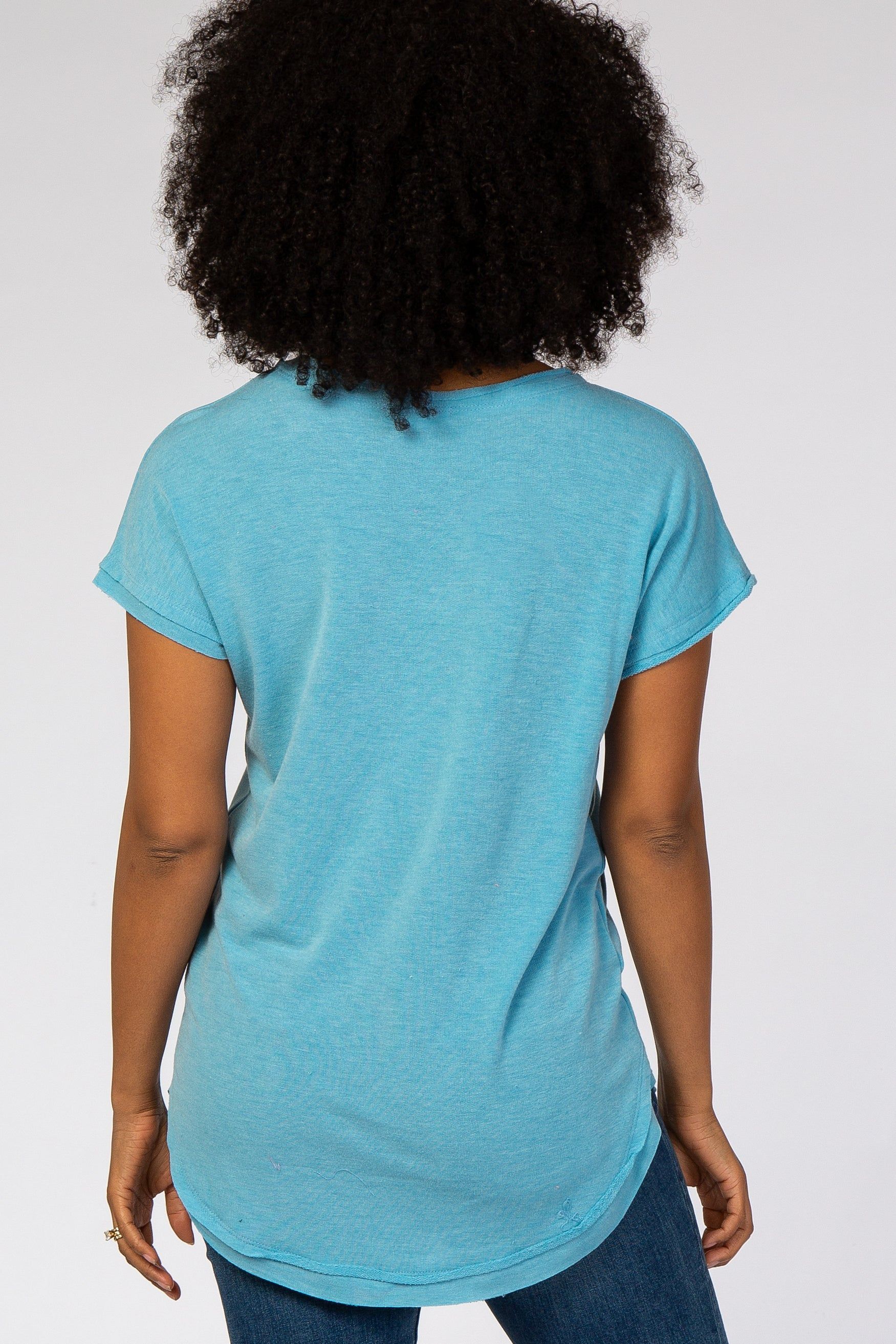 Blue V-Neck Raw Hem Short Sleeve Top sold by Pinkblush product image thumbnail 4