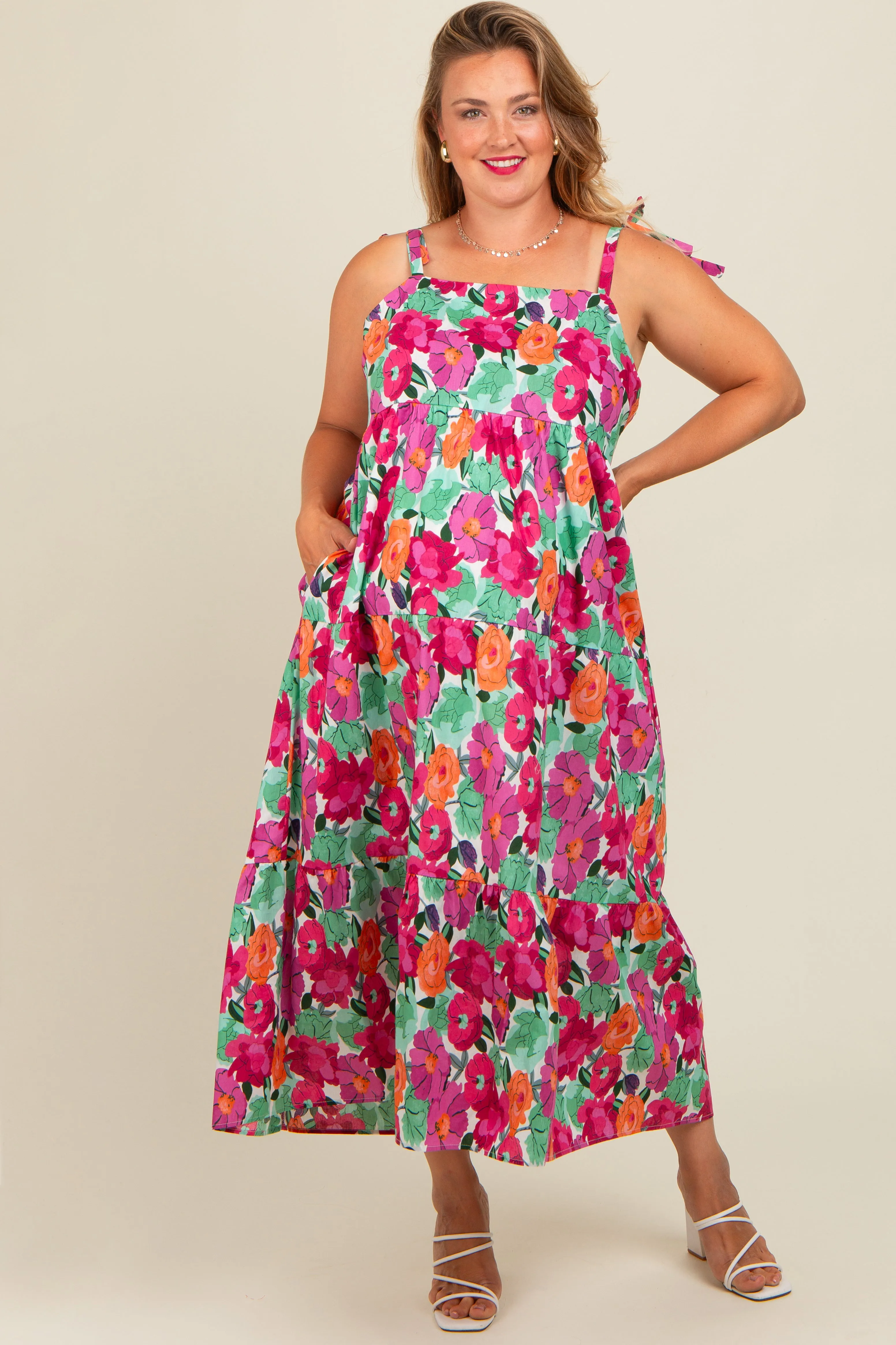 Multi-Color Floral Shoulder Tie Tiered Maternity Plus Midi Dress sold by Pinkblush