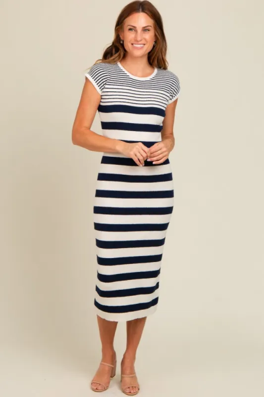 Navy Blue Mixed Striped Midi Dress sold by Pinkblush