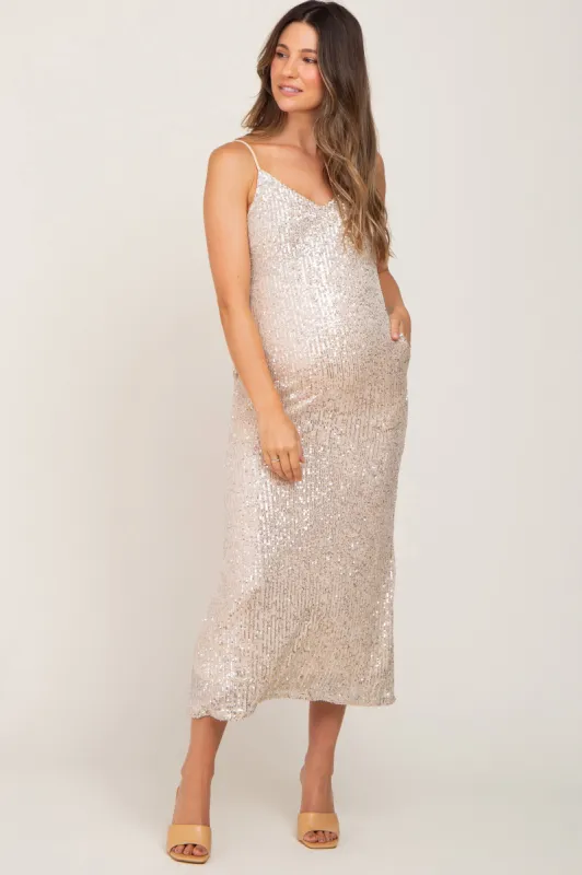 Beige V-Neck Sequin Maternity Midi Dress sold by Pinkblush