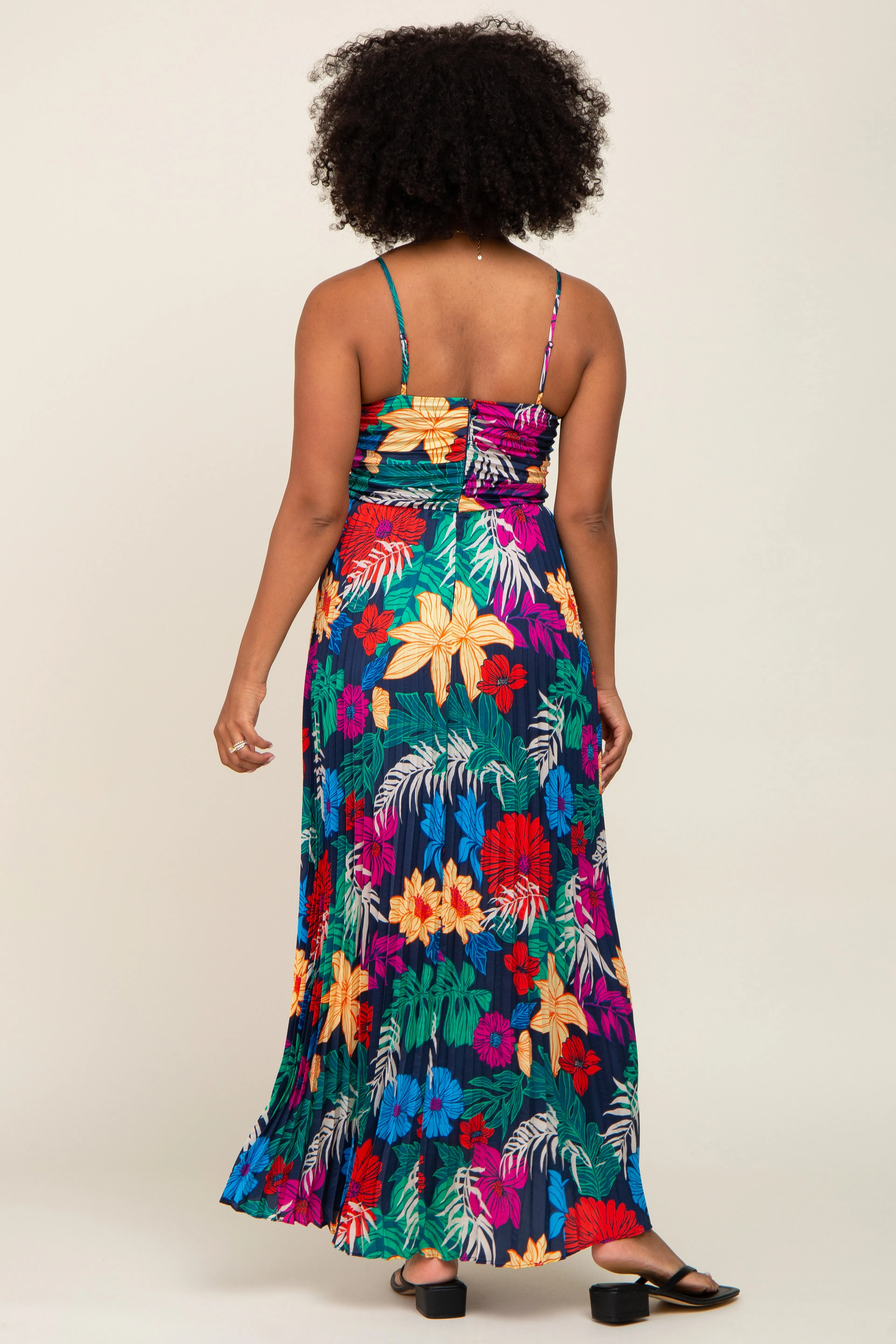 Black Tropical Floral Satin Pleated Maxi Dress sold by Pinkblush product image thumbnail 3