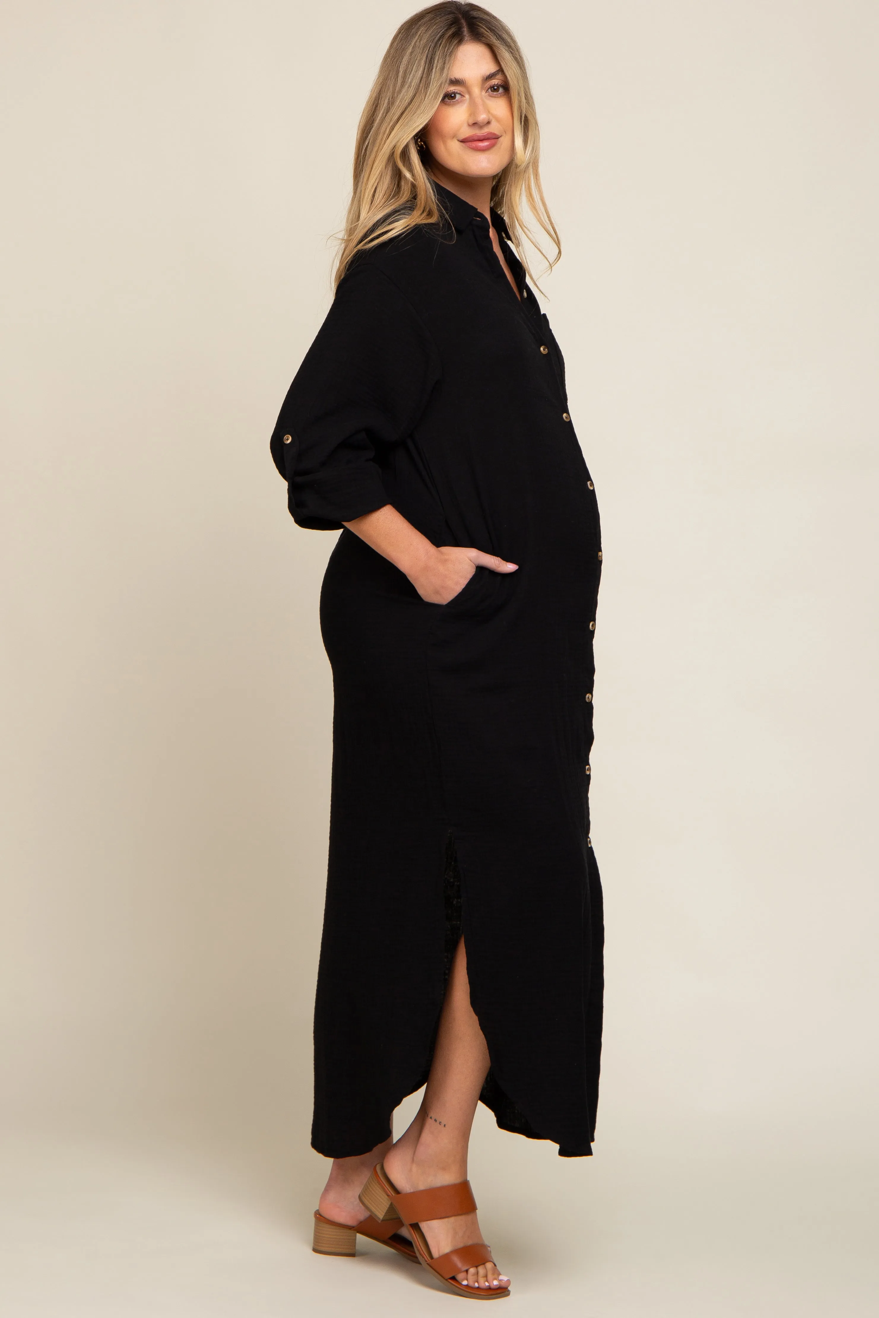 Black Button Down 3/4 Sleeve Maternity Midi Dress sold by Pinkblush product image thumbnail 2