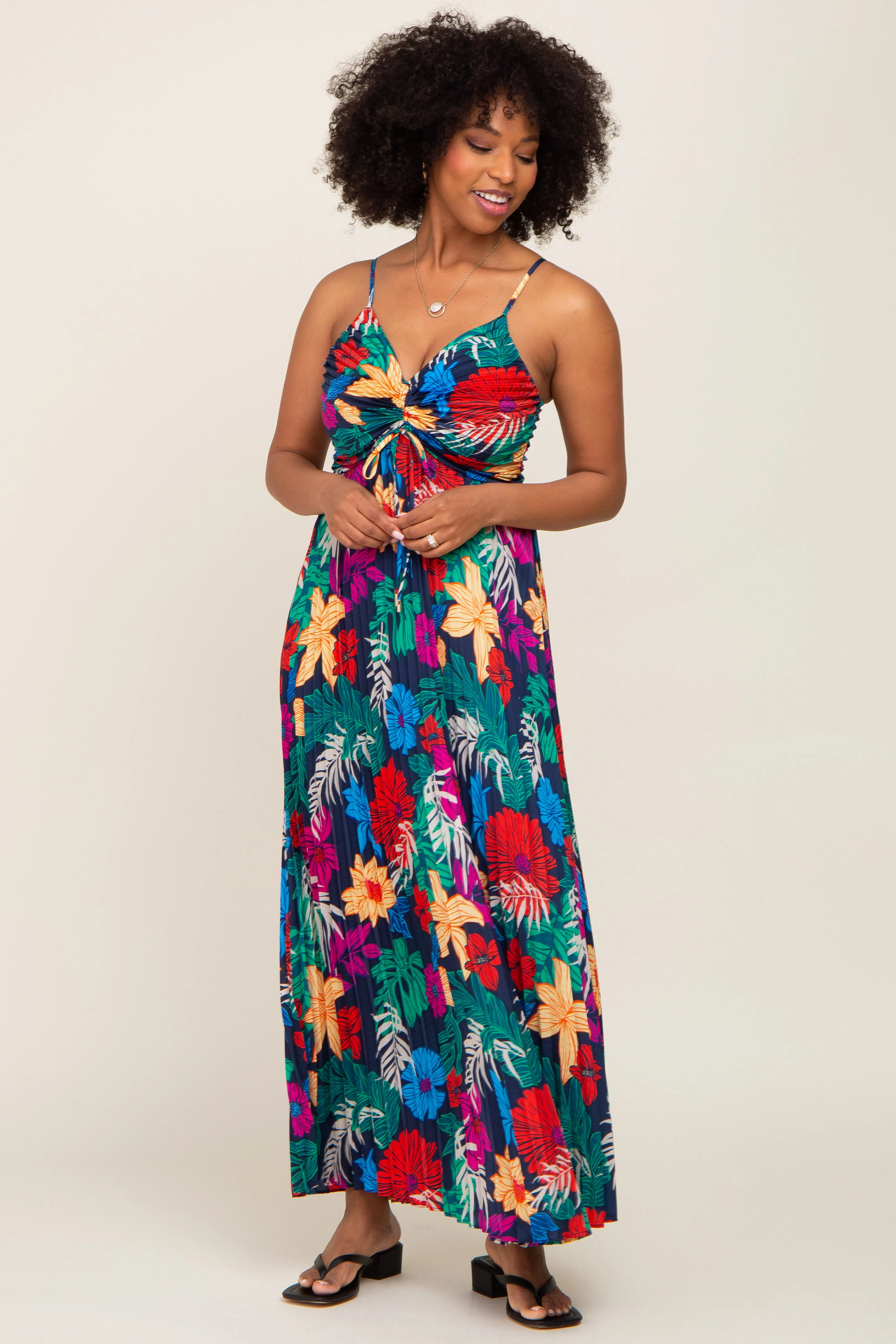 Black Tropical Floral Satin Pleated Maxi Dress sold by Pinkblush product image thumbnail 4