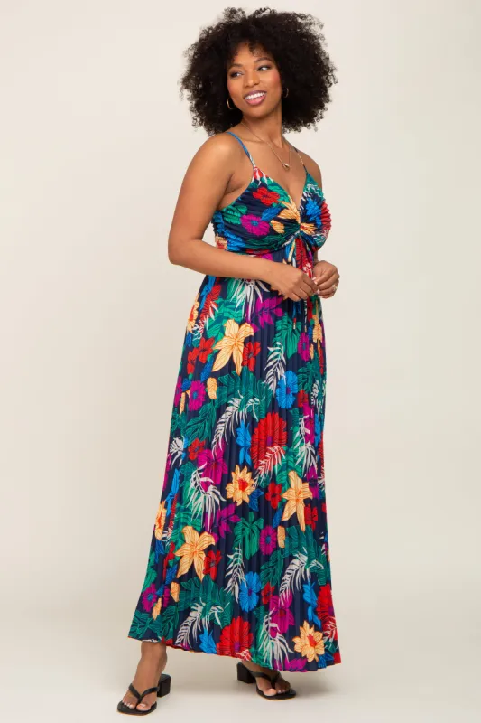Black Tropical Floral Satin Pleated Maxi Dress made by Skies Are Blue