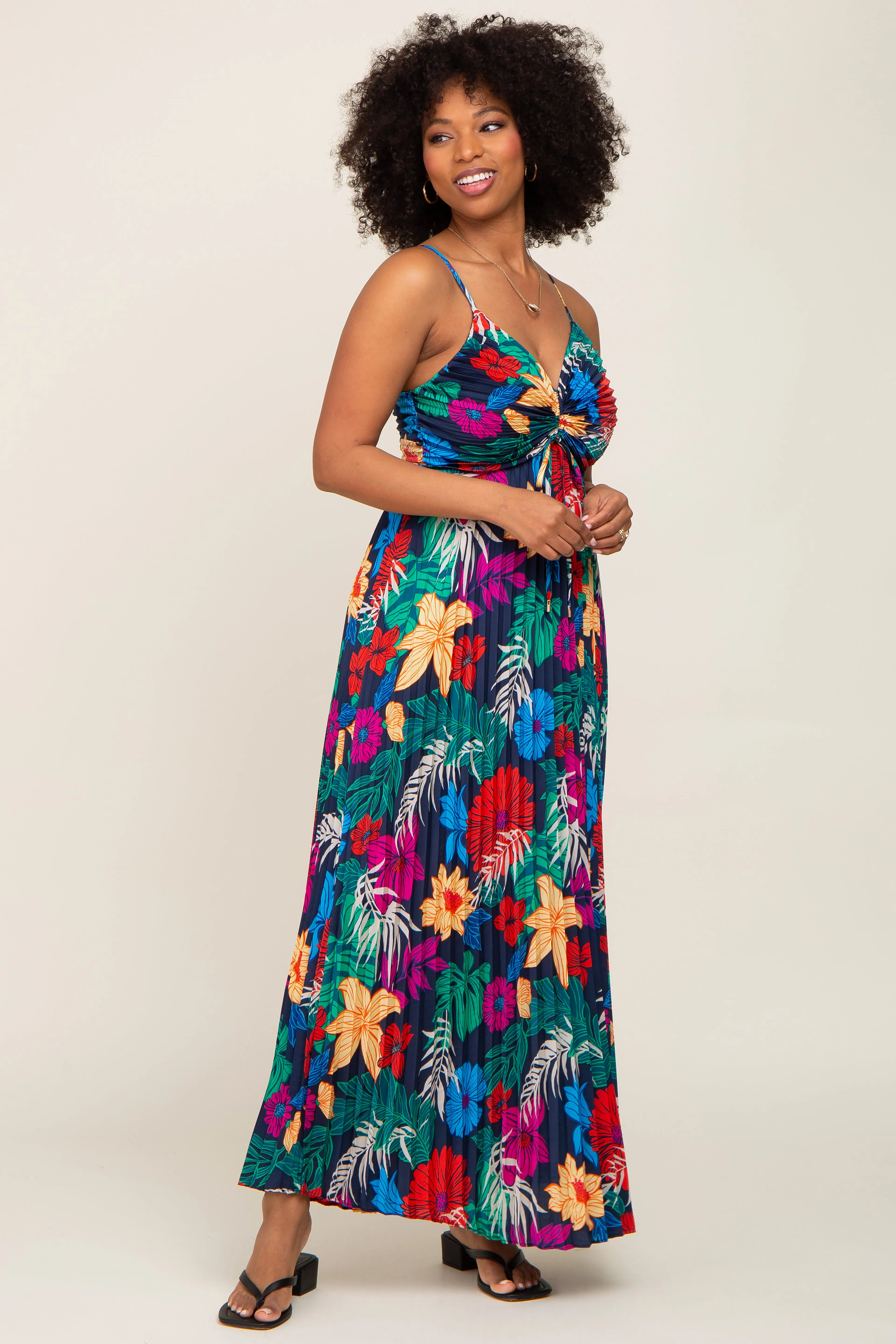 Black Tropical Floral Satin Pleated Maxi Dress sold by Pinkblush