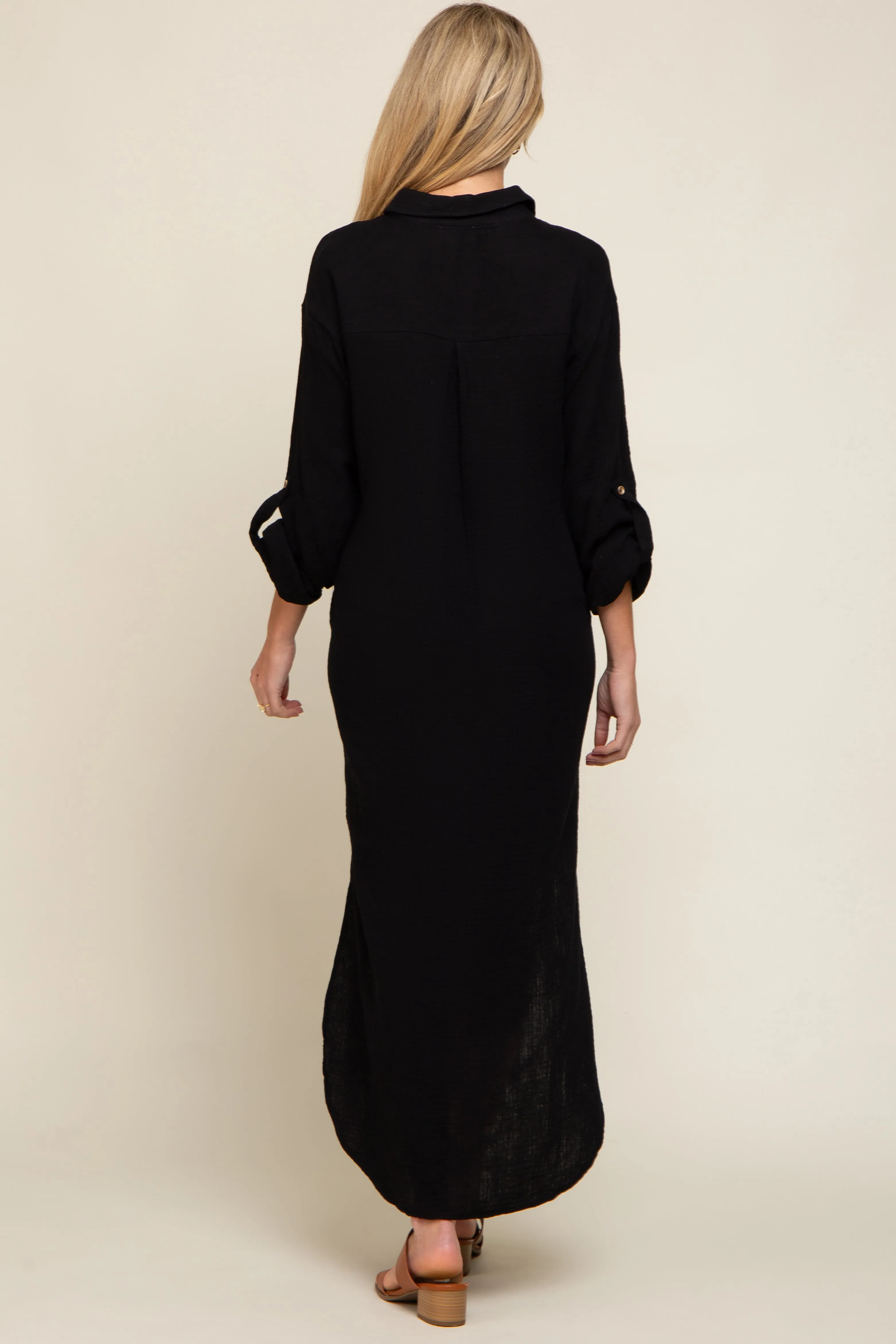 Black Button Down 3/4 Sleeve Maternity Midi Dress sold by Pinkblush product image thumbnail 3