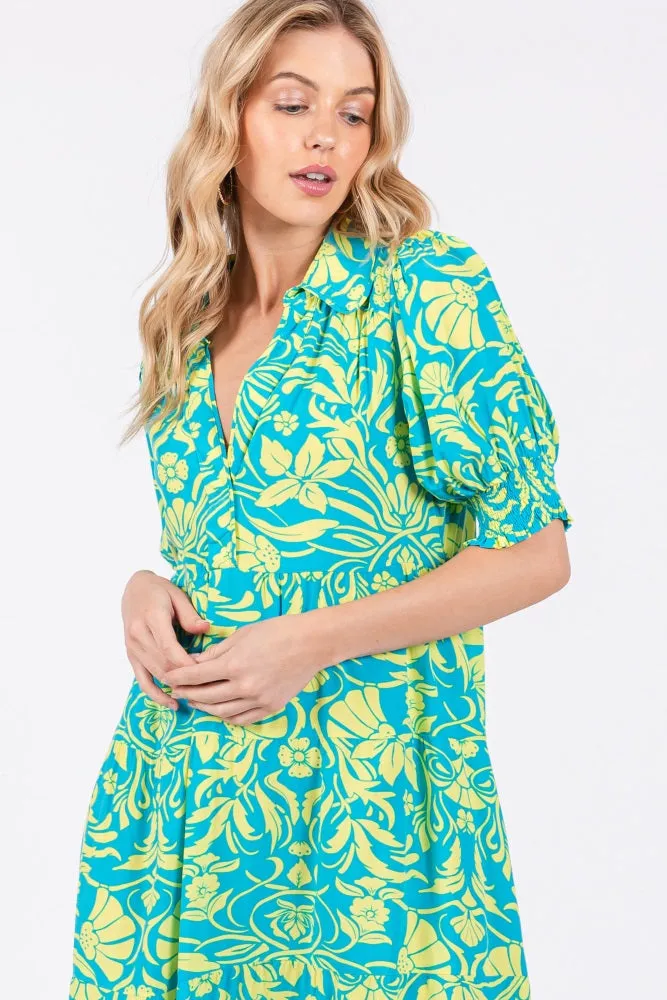 Turquoise Floral V-Neck Tiered Midi Dress sold by Pinkblush product image thumbnail 3