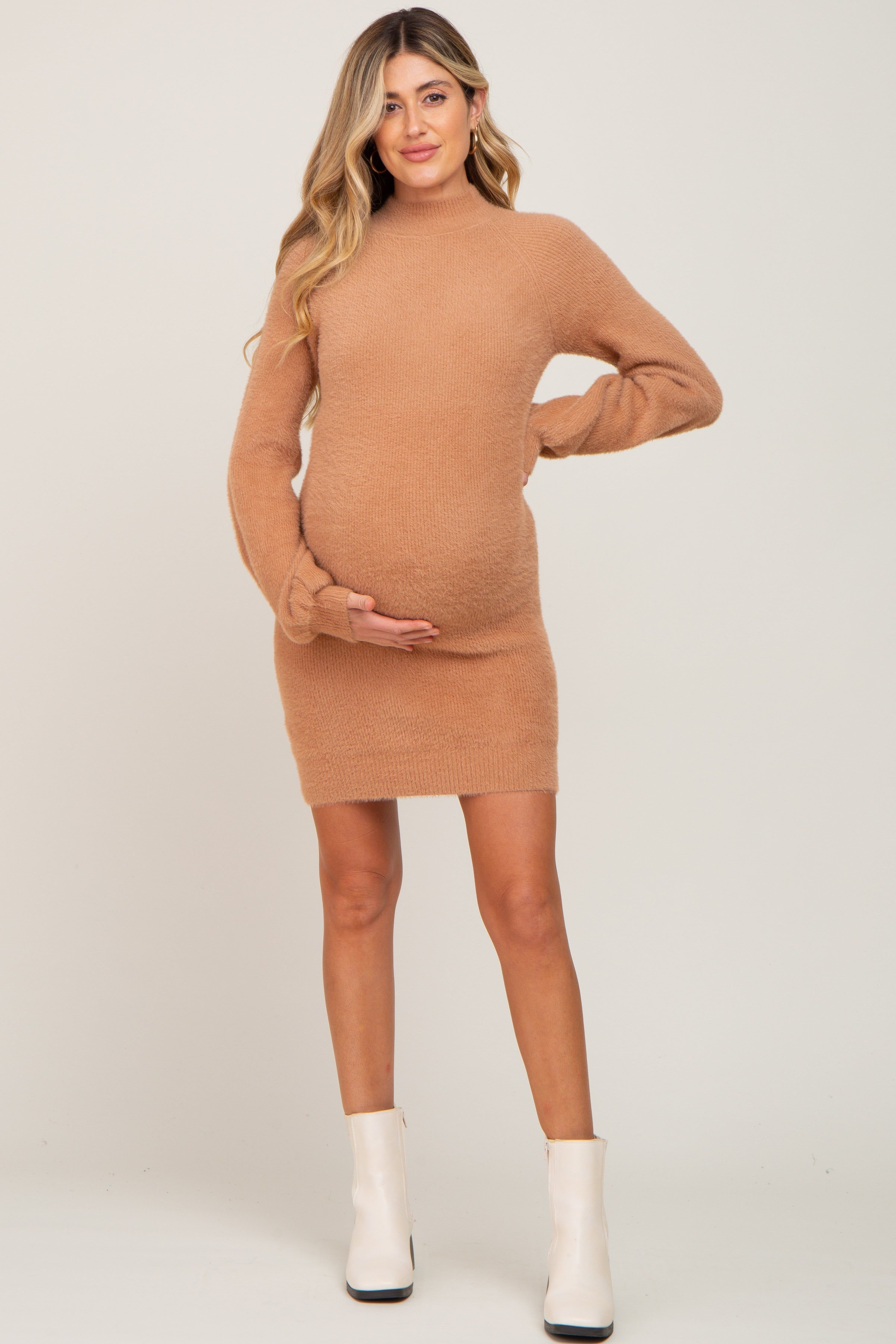 Camel Fuzzy Knit Puff Sleeve Maternity Sweater Dress sold by Pinkblush product image thumbnail 4