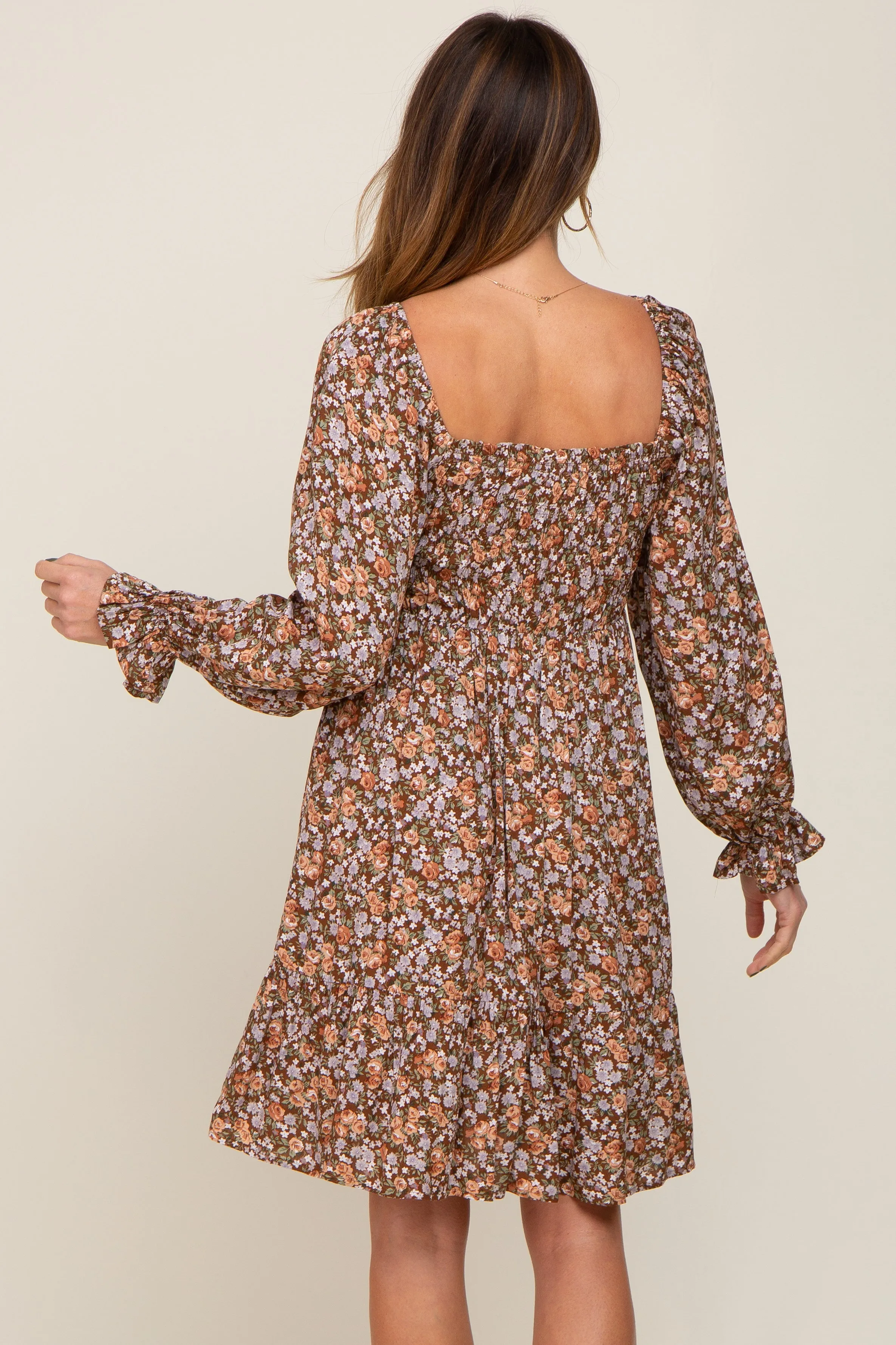 Mocha Floral Smocked Square Neck Dress sold by Pinkblush product image thumbnail 3