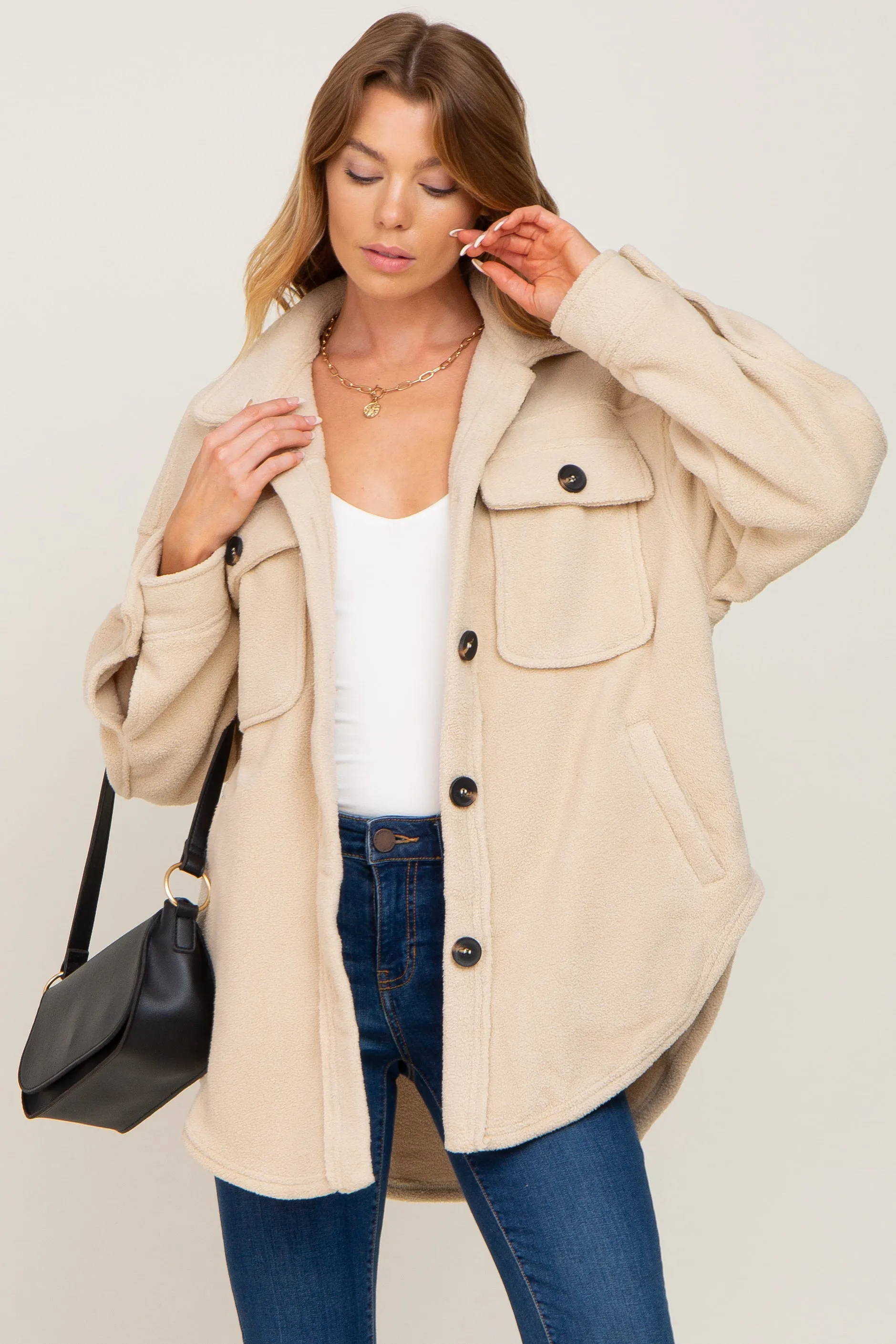 Beige Fleece Maternity Shirt Jacket sold by Pinkblush product image thumbnail 5