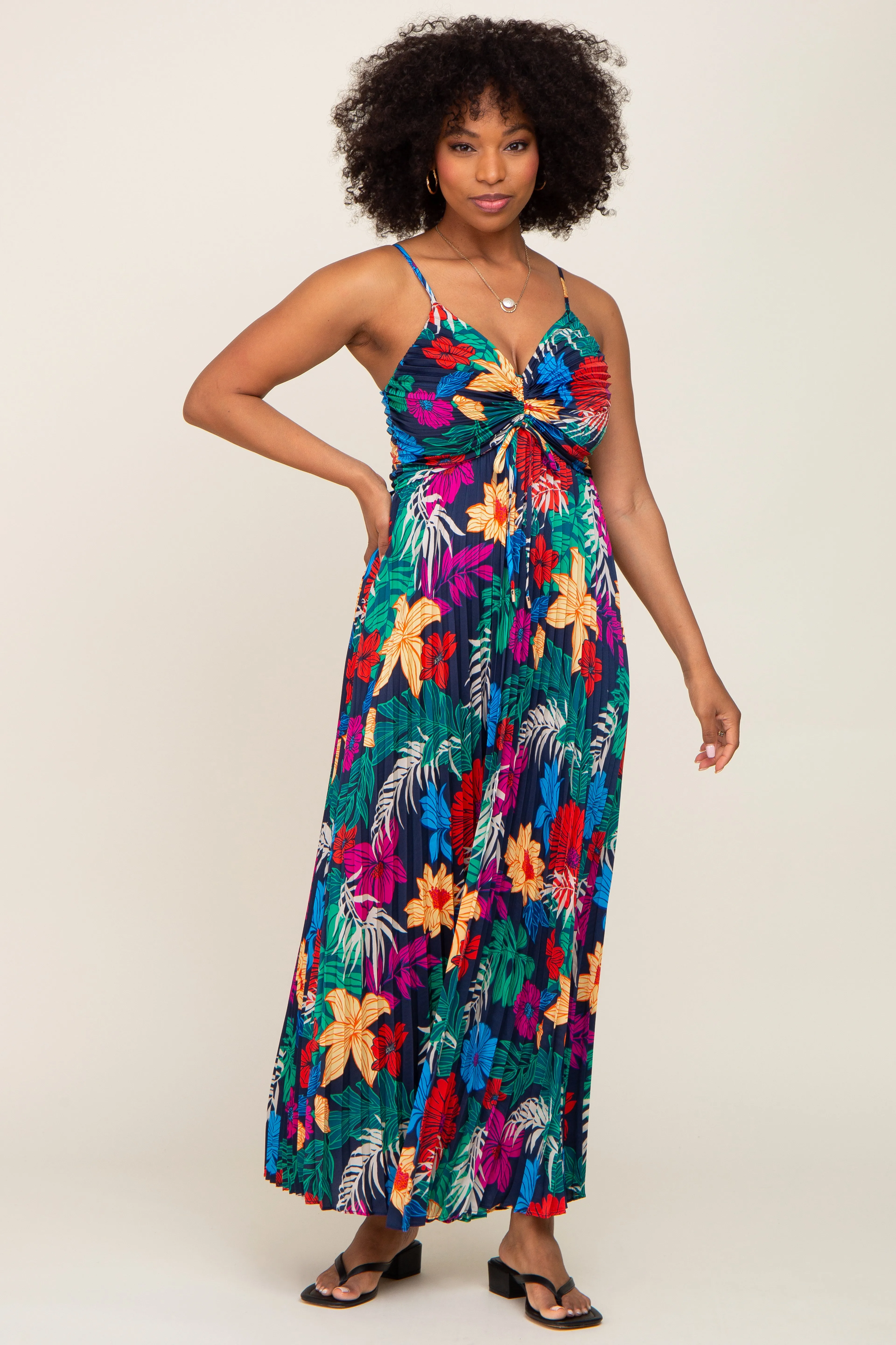 Black Tropical Floral Satin Pleated Maxi Dress sold by Pinkblush product image thumbnail 5