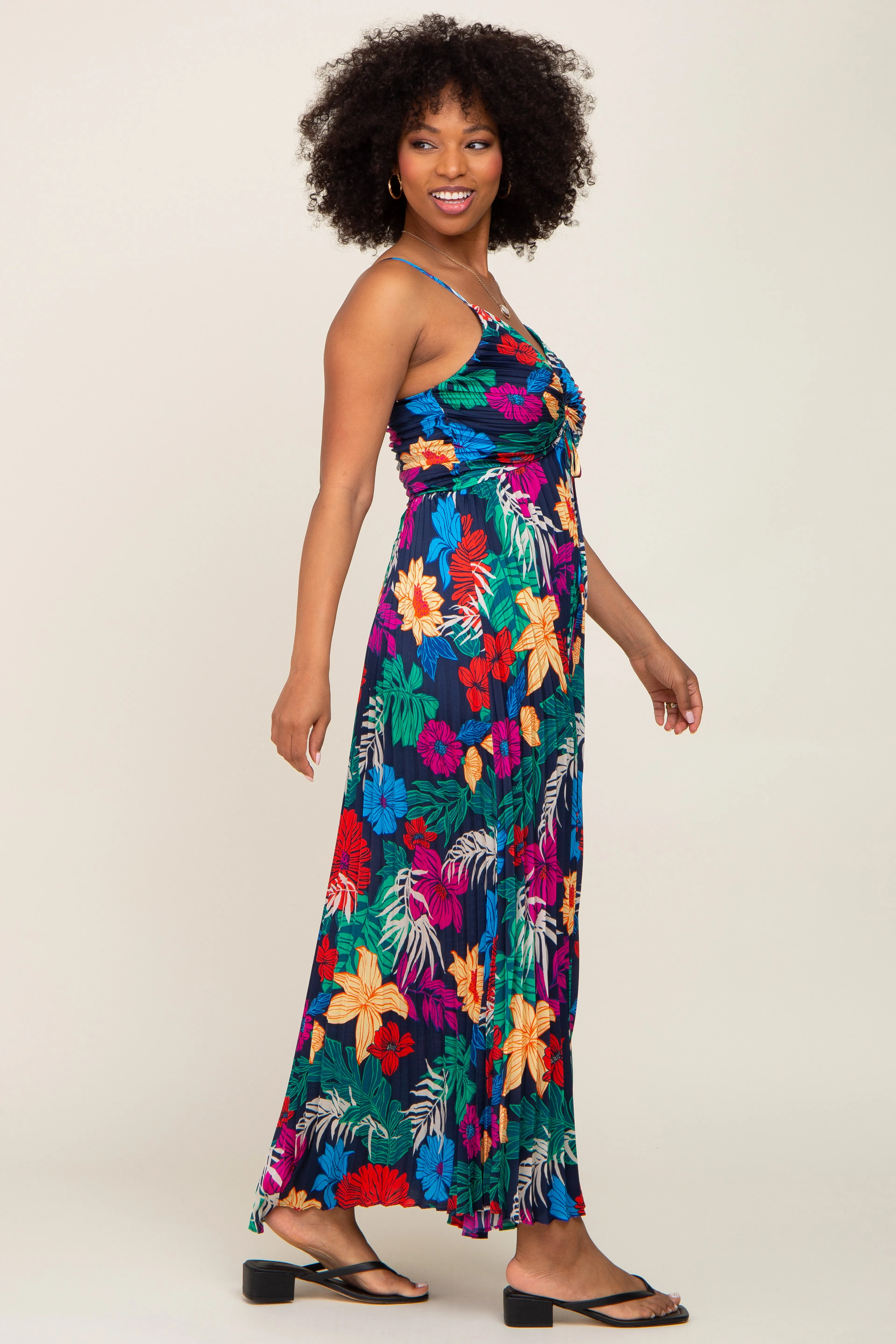 Black Tropical Floral Satin Pleated Maxi Dress sold by Pinkblush product image thumbnail 2