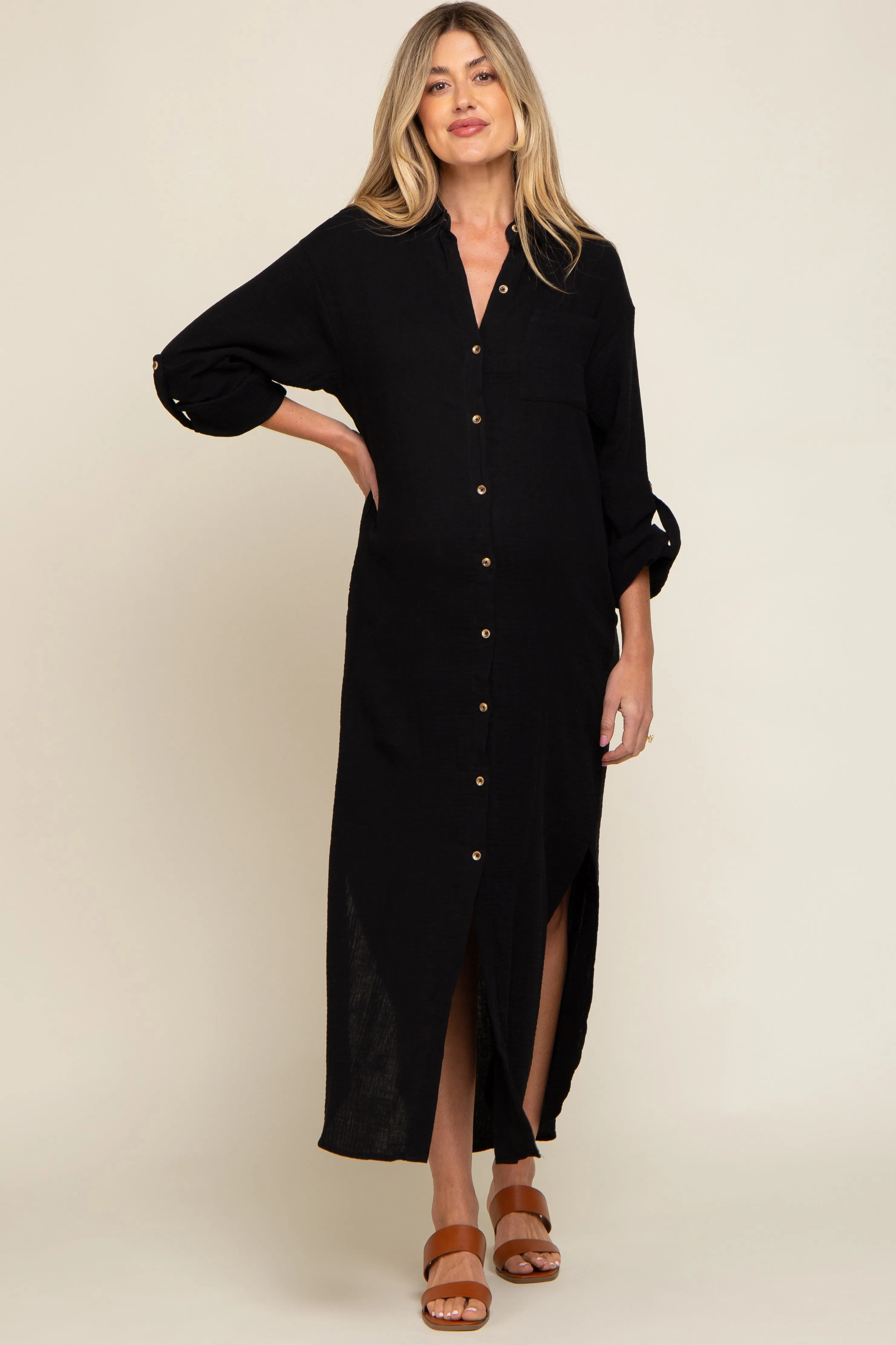 Black Button Down 3/4 Sleeve Maternity Midi Dress sold by Pinkblush product image thumbnail 4
