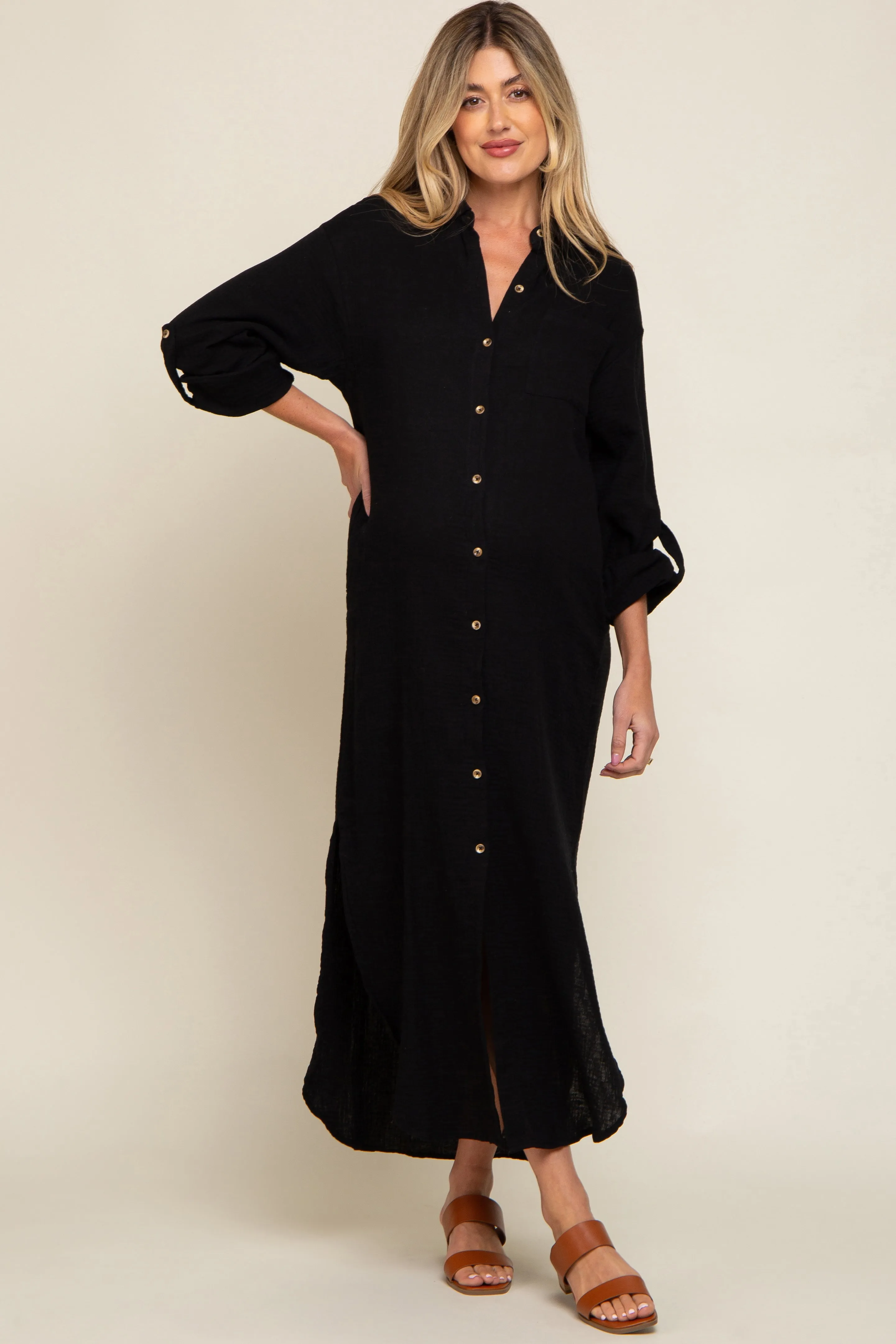 Black Button Down 3/4 Sleeve Maternity Midi Dress sold by Pinkblush