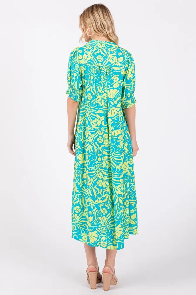Turquoise Floral V-Neck Tiered Midi Dress sold by Pinkblush product image thumbnail 4