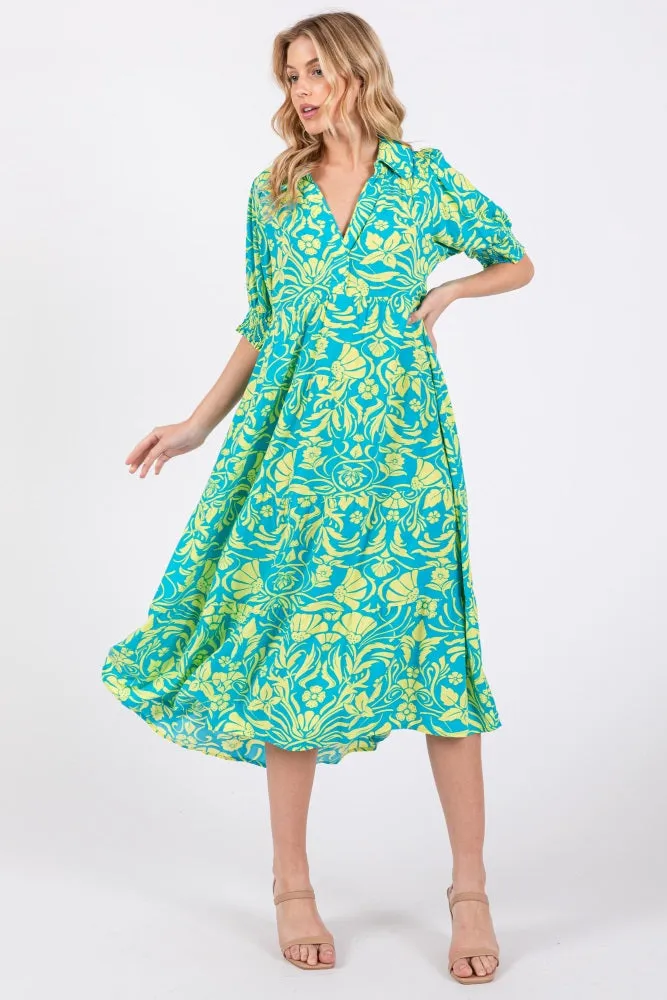 Turquoise Floral V-Neck Tiered Midi Dress sold by Pinkblush