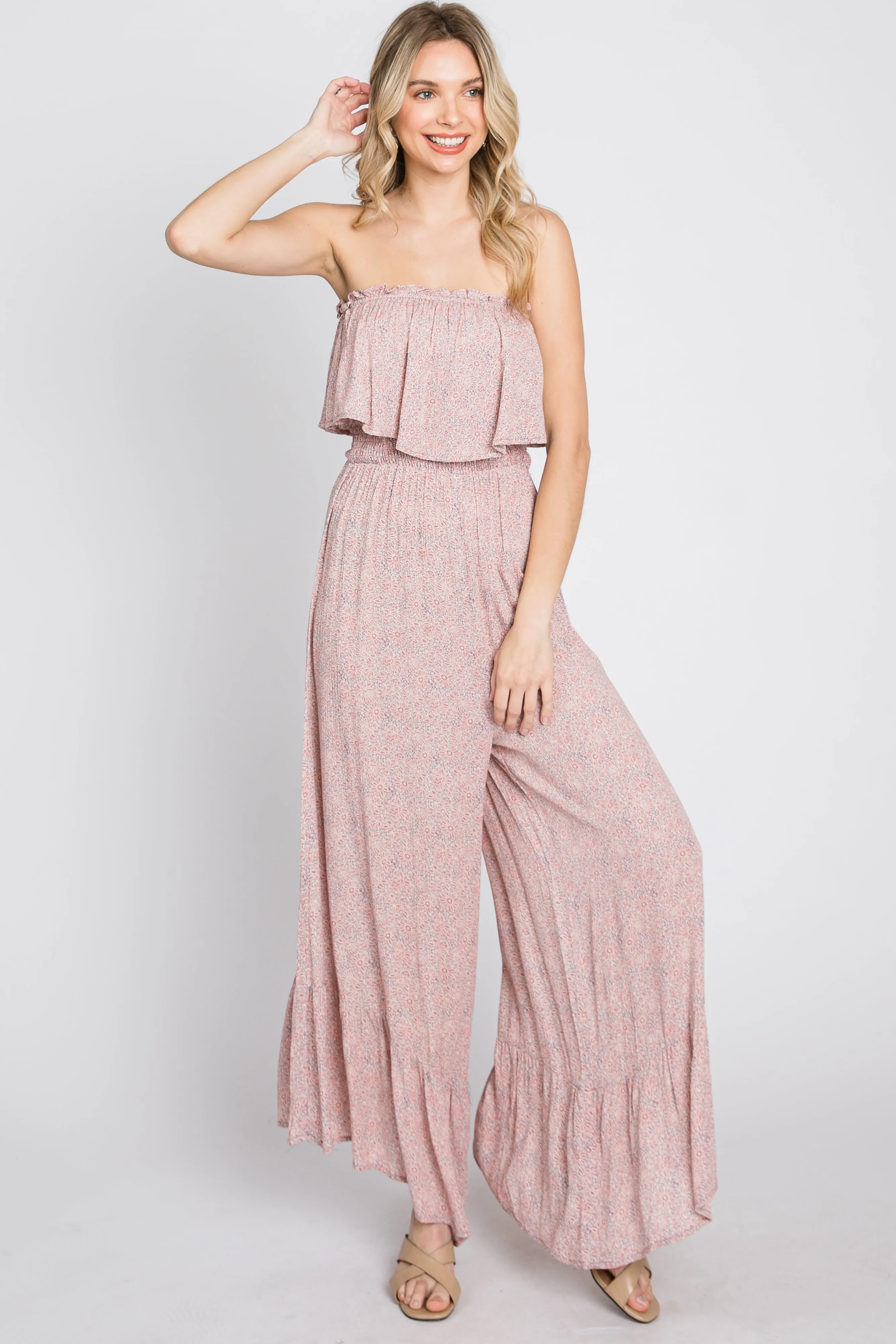 Mauve Floral Strapless Ruffle Hem Jumpsuit sold by Pinkblush product image thumbnail 4