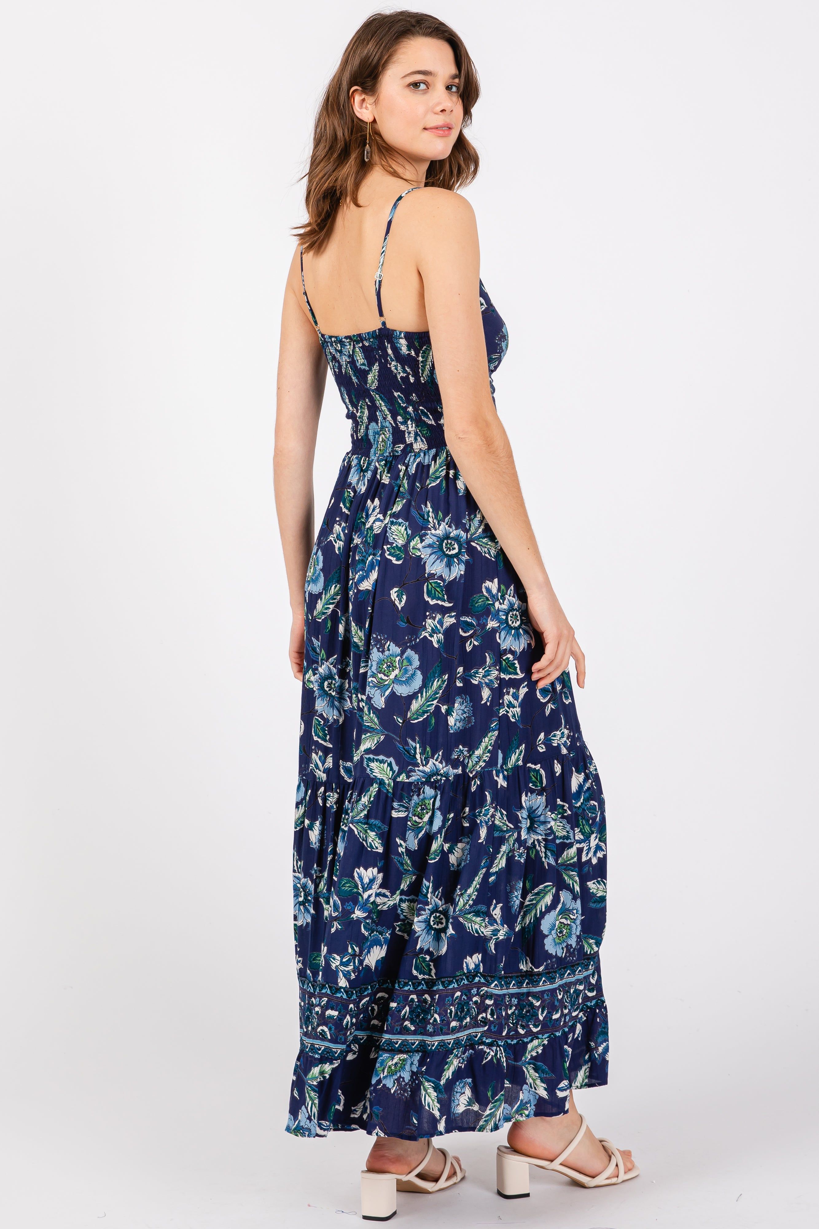 Navy Blue Floral Front Knot Twist Maxi Dress sold by Pinkblush product image thumbnail 3