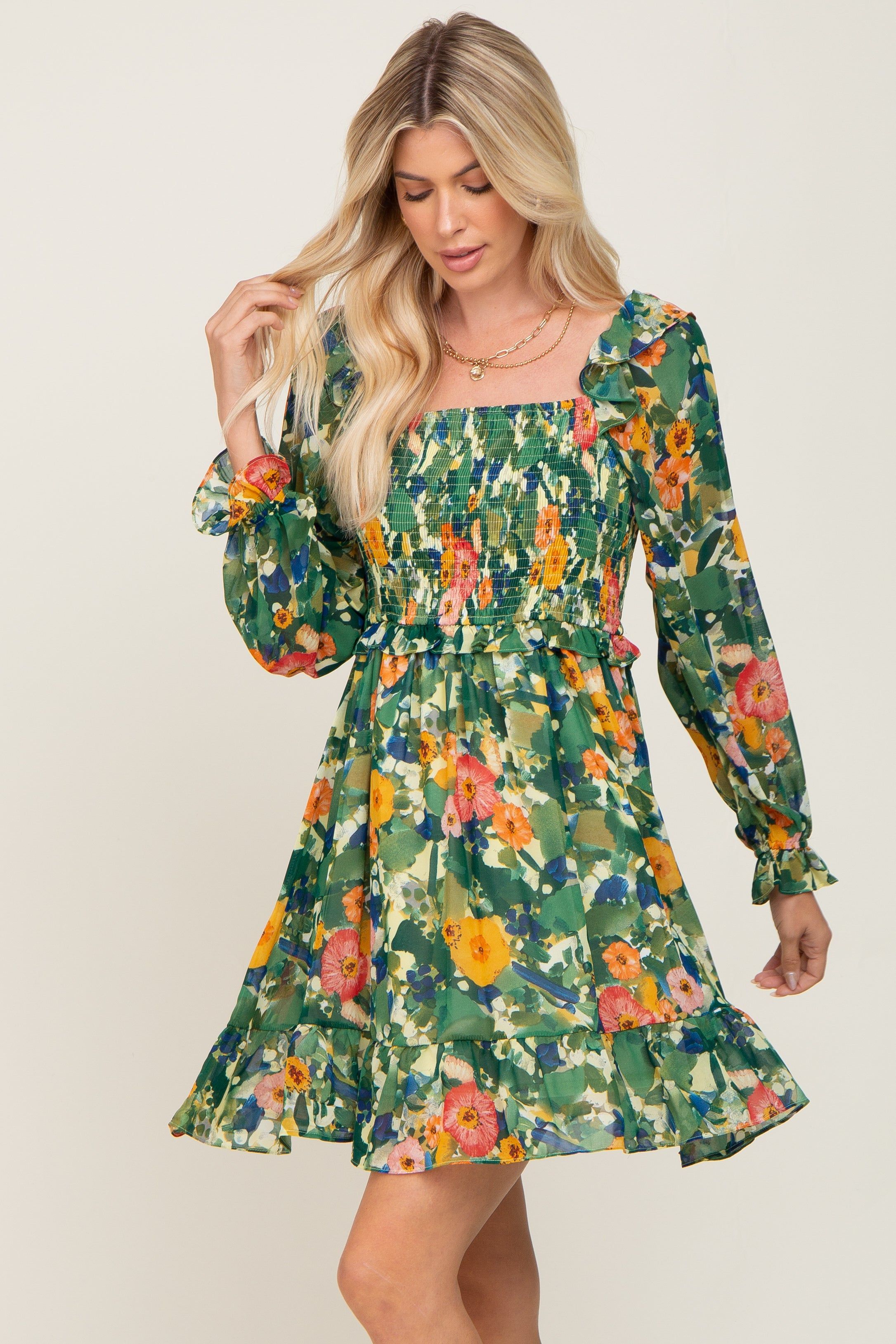 Green Floral Chiffon Ruffle Dress sold by Pinkblush product image thumbnail 2
