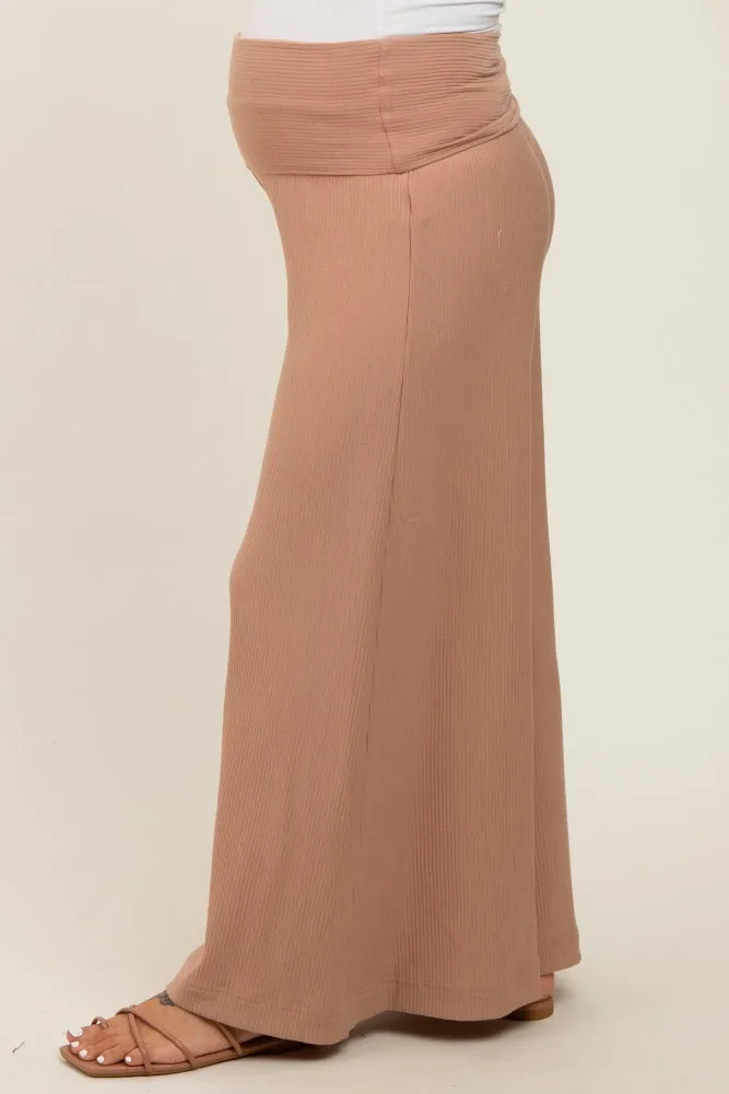 Mocha Ribbed Foldover Waist Maternity Wide Leg Pants sold by Pinkblush product image thumbnail 4
