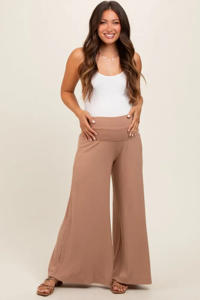 Mocha Ribbed Foldover Waist Maternity Wide Leg Pants sold by Pinkblush