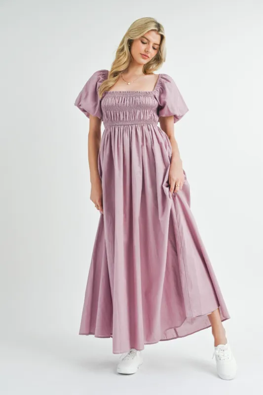 Mauve Puff Sleeve Smocked Maxi Dress sold by Pinkblush