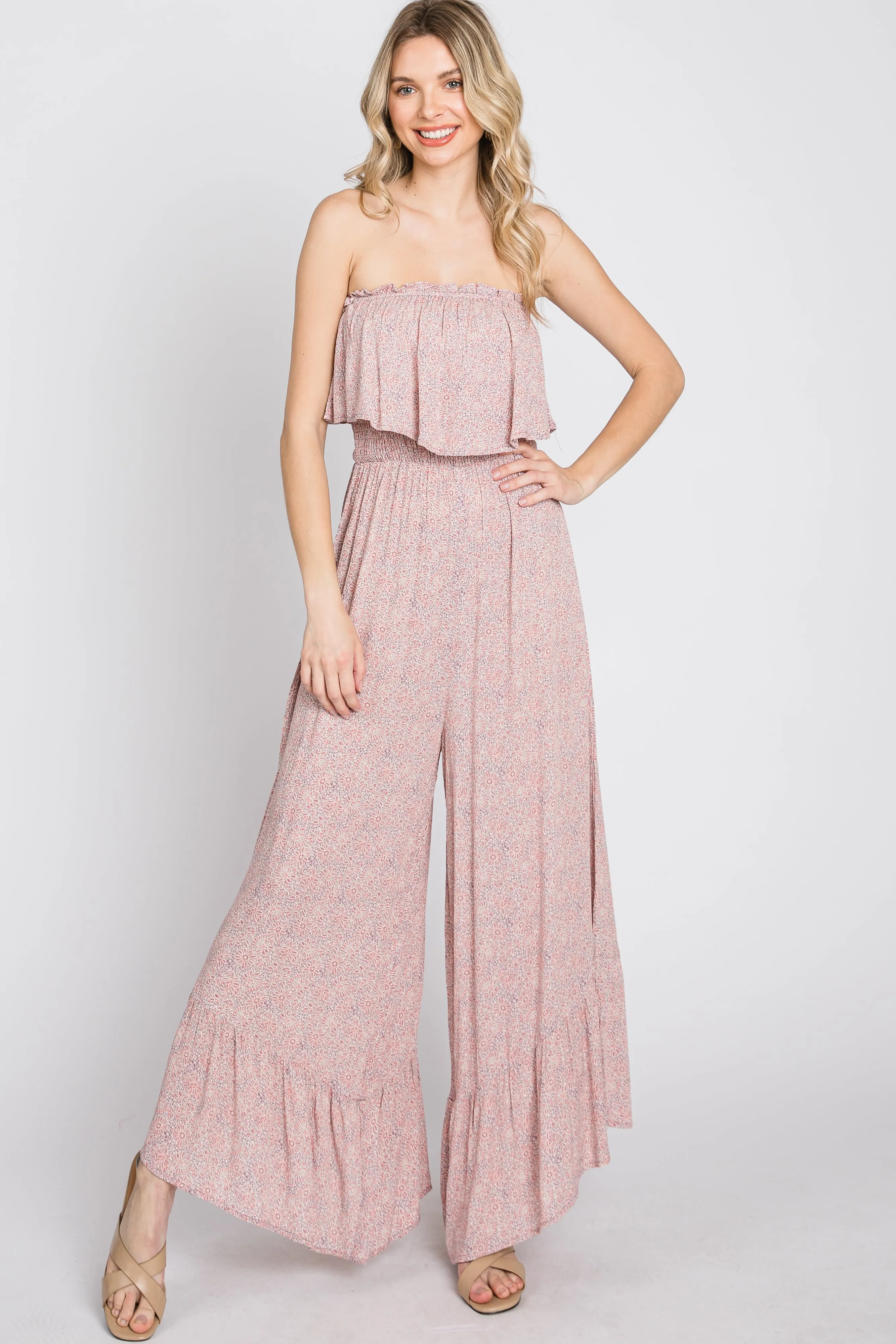 Mauve Floral Strapless Ruffle Hem Jumpsuit sold by Pinkblush product image thumbnail 2