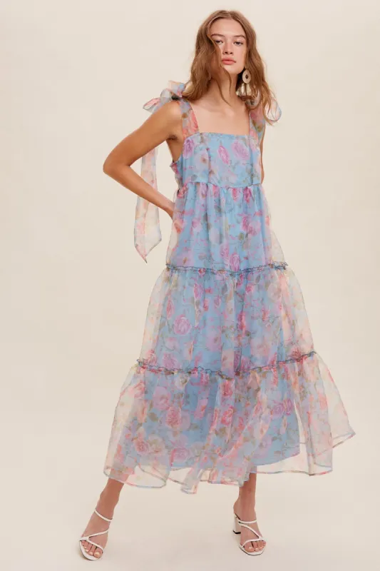 Blue Tiered Floral Print Organza Maxi Dress sold by Pinkblush