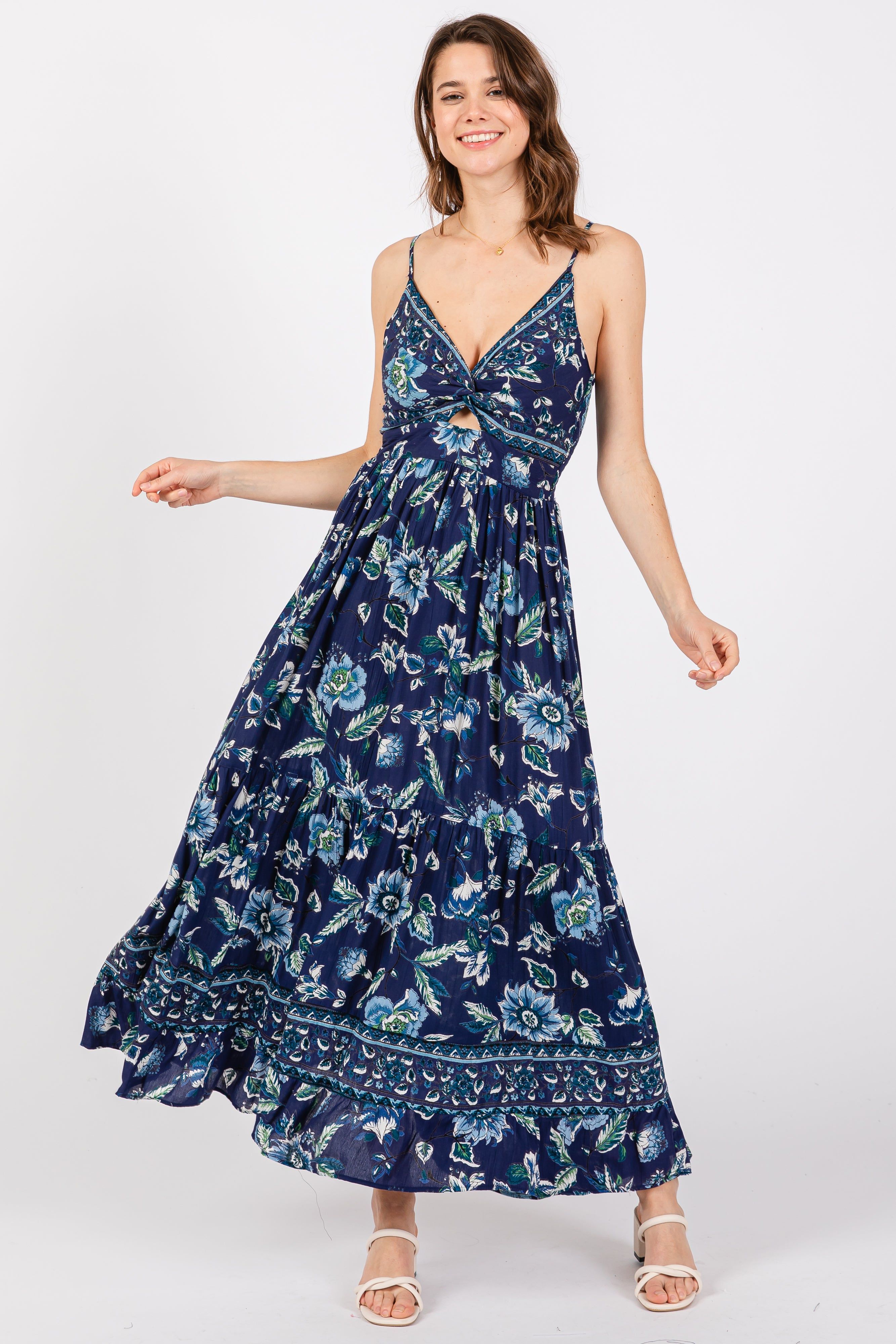 Navy Blue Floral Front Knot Twist Maxi Dress sold by Pinkblush