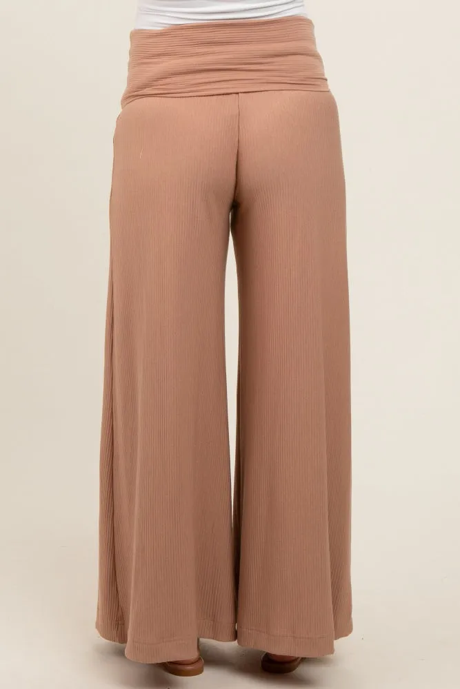 Mocha Ribbed Foldover Waist Maternity Wide Leg Pants sold by Pinkblush product image thumbnail 5