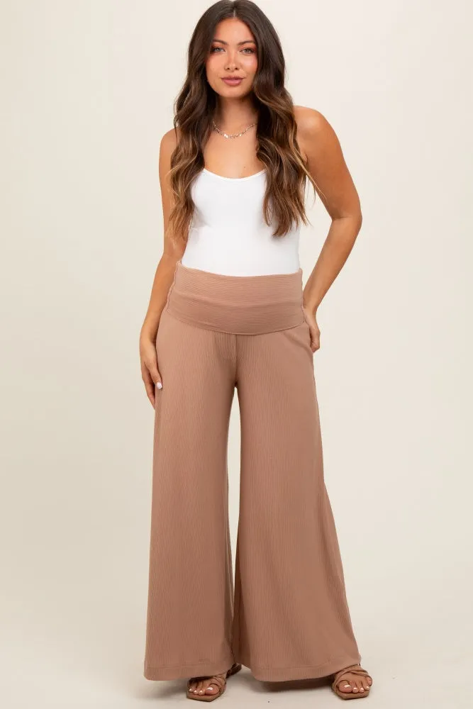 Mocha Ribbed Foldover Waist Maternity Wide Leg Pants sold by Pinkblush product image thumbnail 2