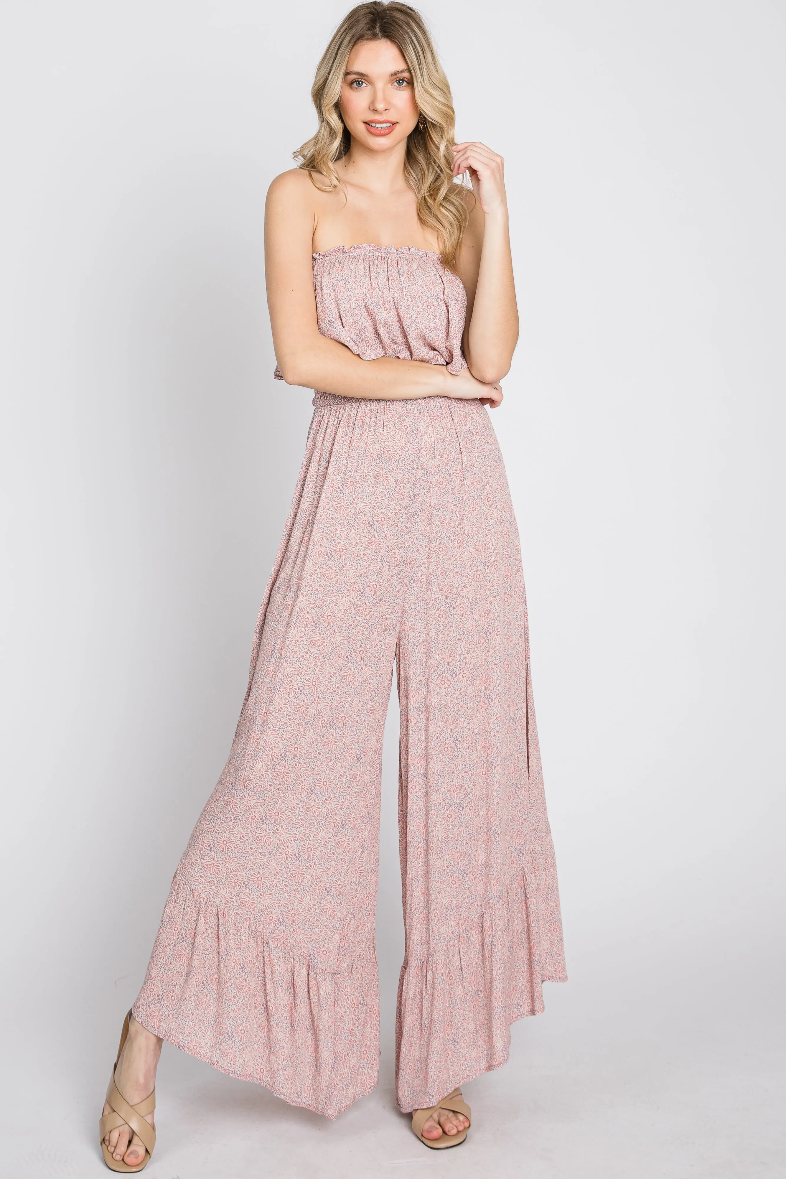 Mauve Floral Strapless Ruffle Hem Jumpsuit sold by Pinkblush product image thumbnail 3